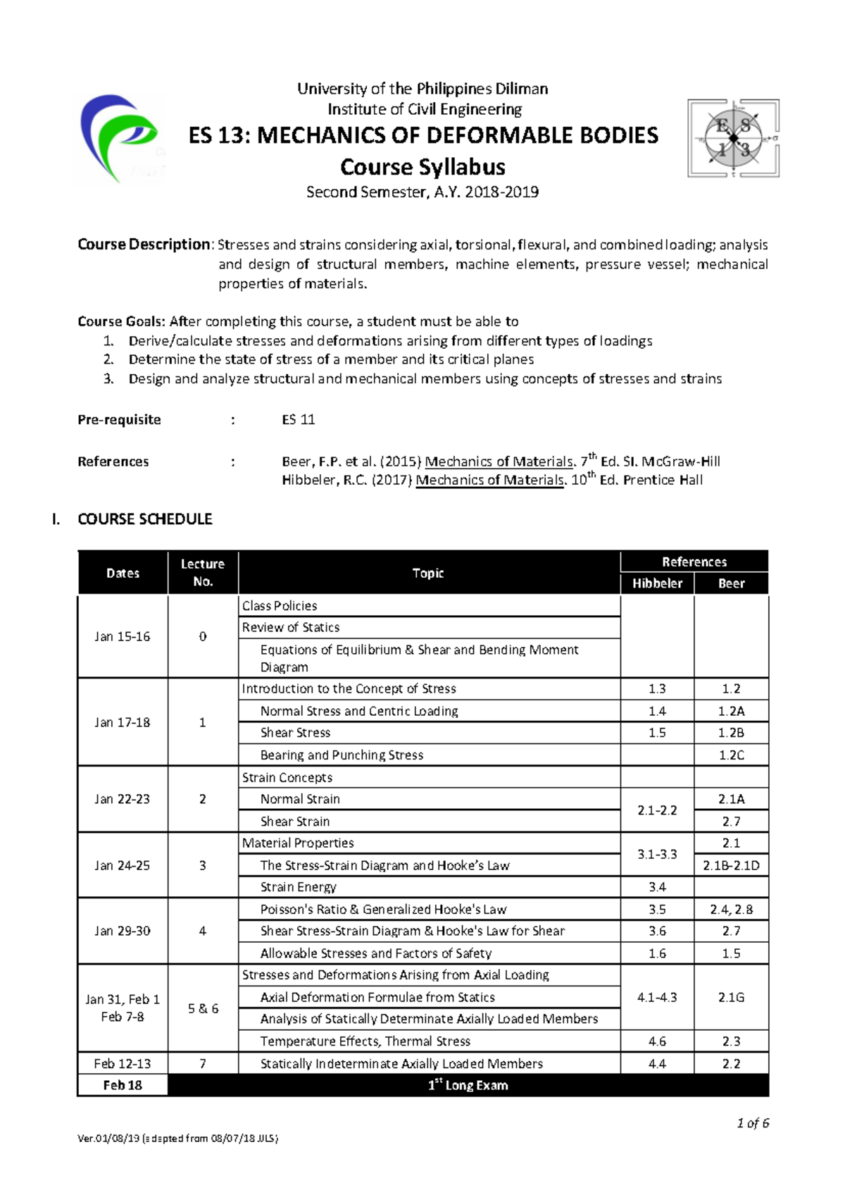 ES 13 Mechanics of Deformable Bodies Syllabus 1819B - Studocu