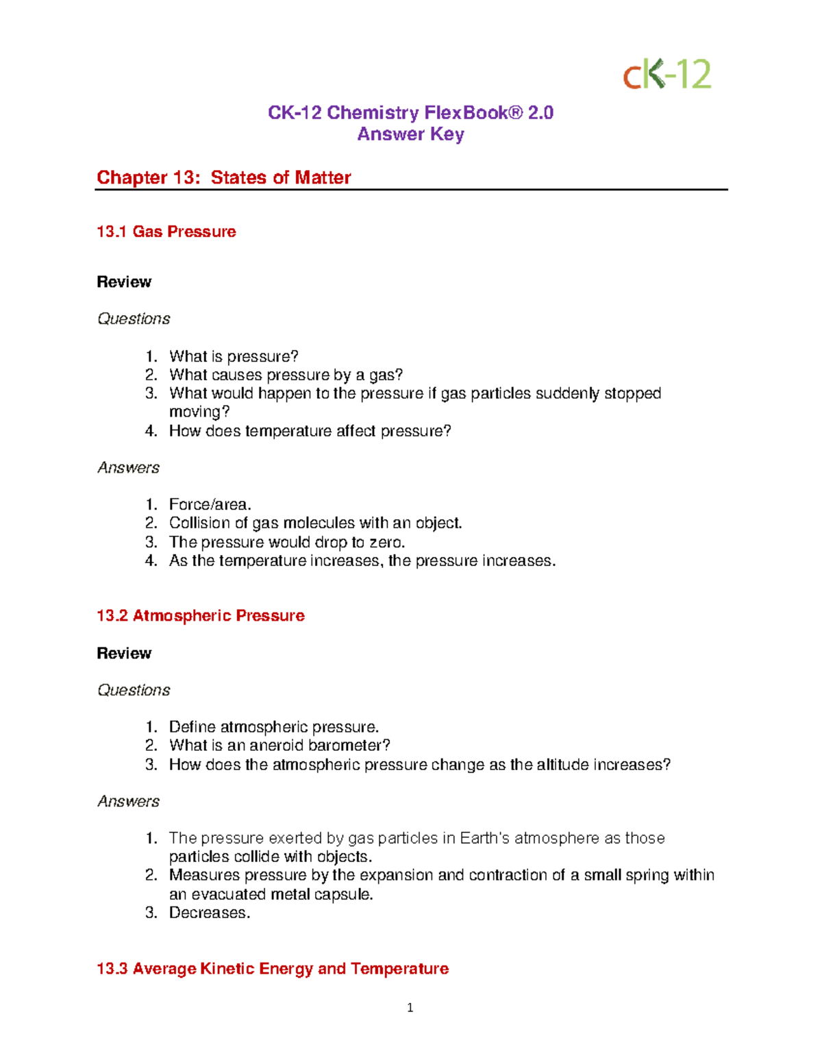 Chemistry 2.0 Answer Key: Chapter 13 - States of Matter Review - Studocu