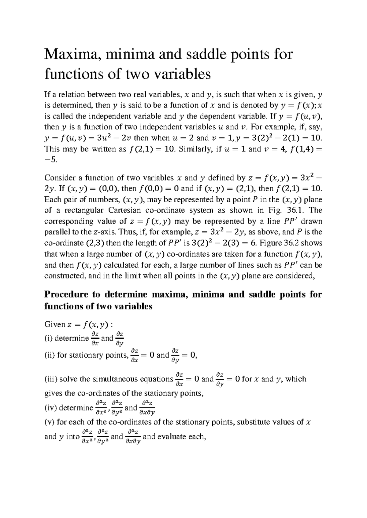 Maxima, Minima, and Saddle Points for Functions of Two Variables - Studocu