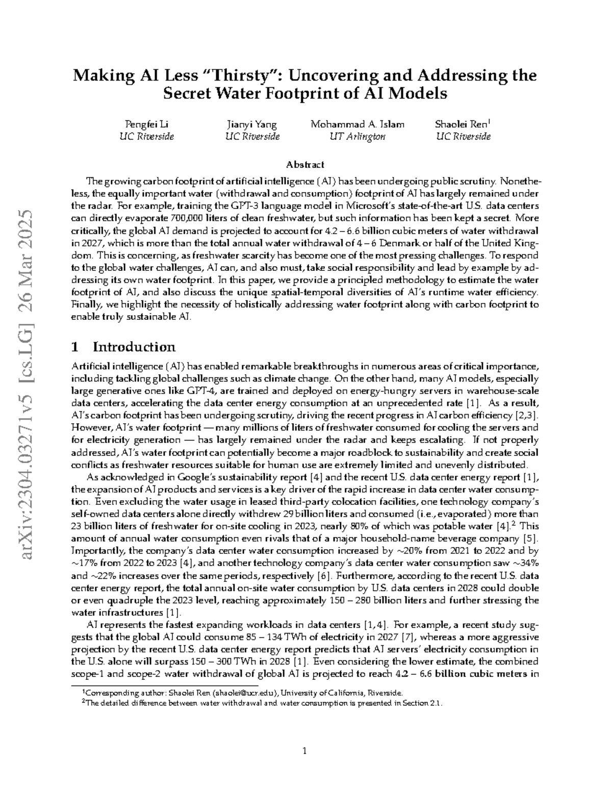 Making AI Less "Thirsty": Understanding the Water Footprint of AI ...