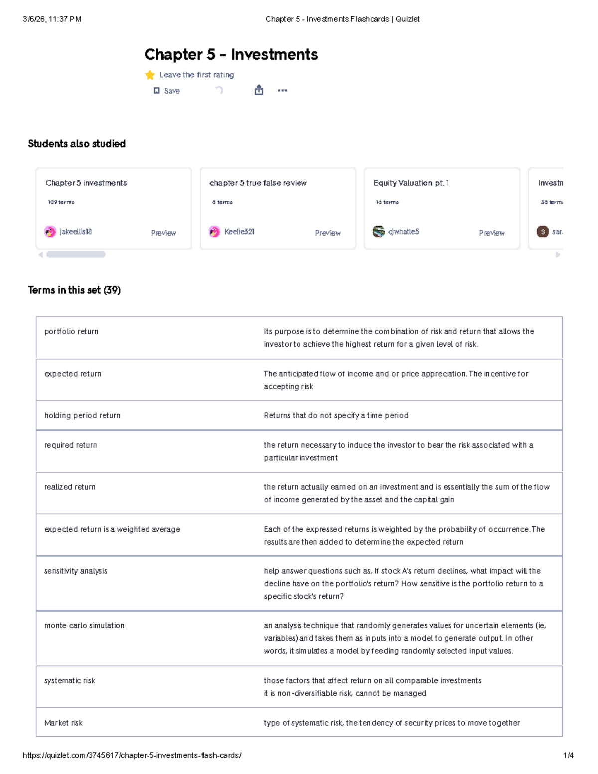 Chapter 5 - Investments Flashcards Quizlet Review - Studocu