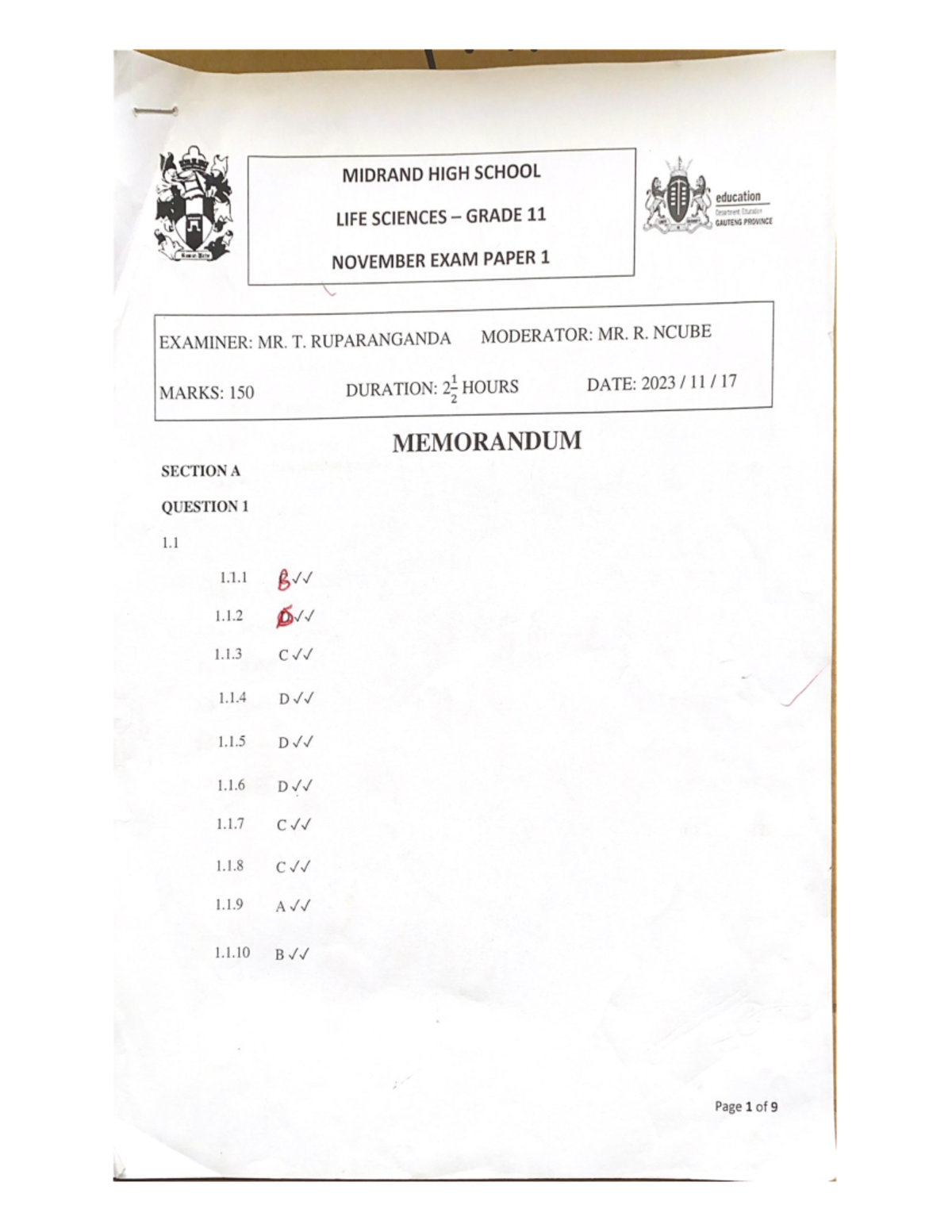 Midrand HIGH School Life Sciences GRADE 11 - November Exam Paper 2023 ...