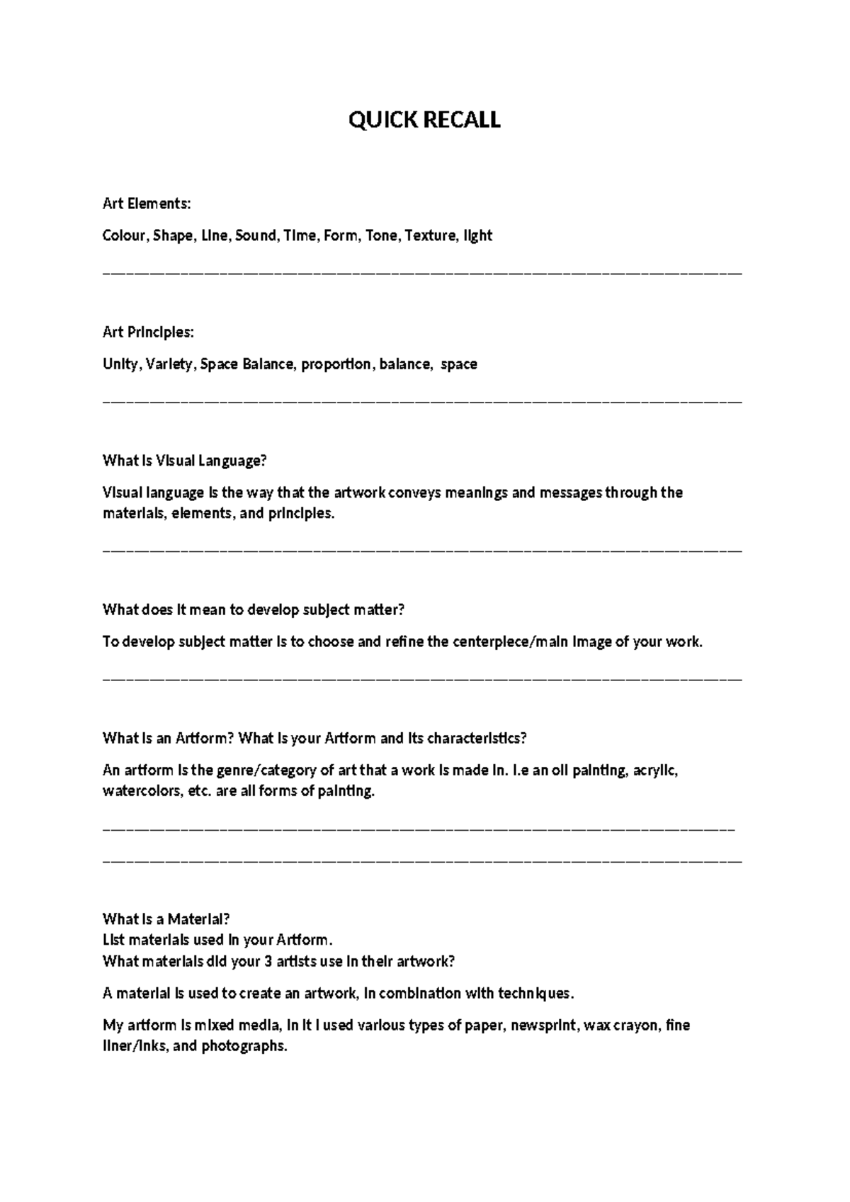 Quick Recall Questions for Art ME Exam: Elements & Principles - Studocu