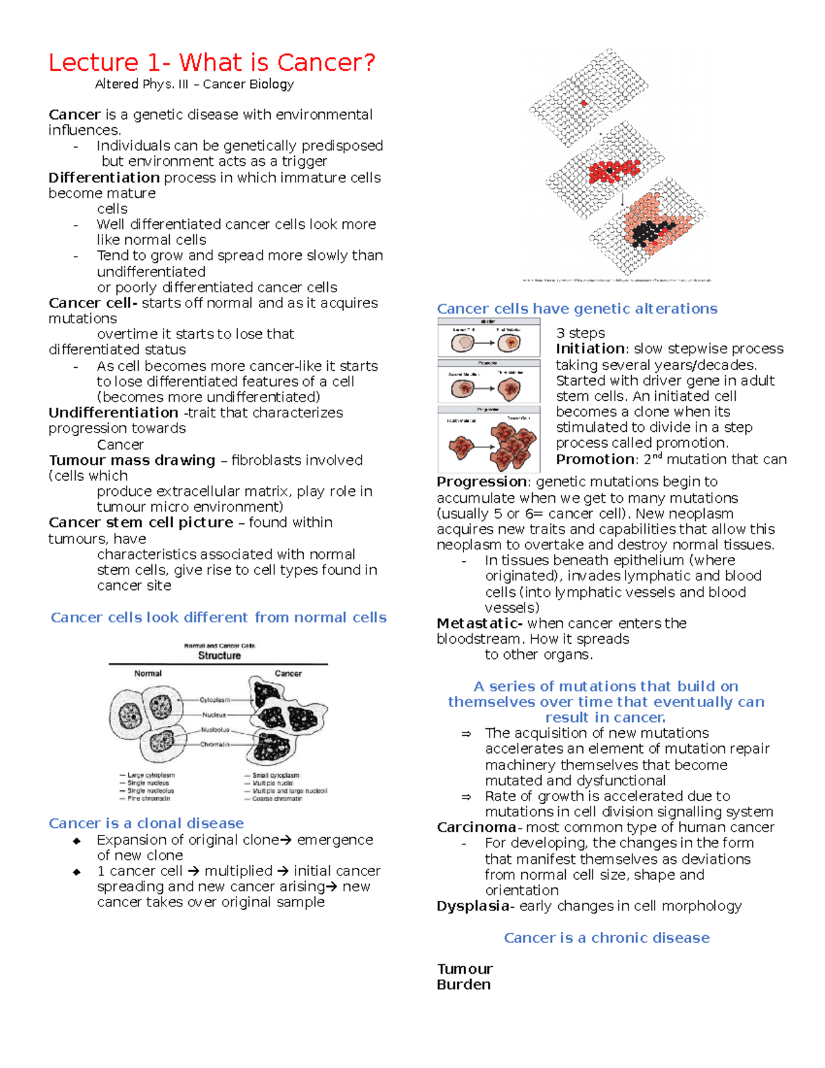 Lecture 1: Notes on Cancer Biology, Definitions & Epidemiology - Studocu