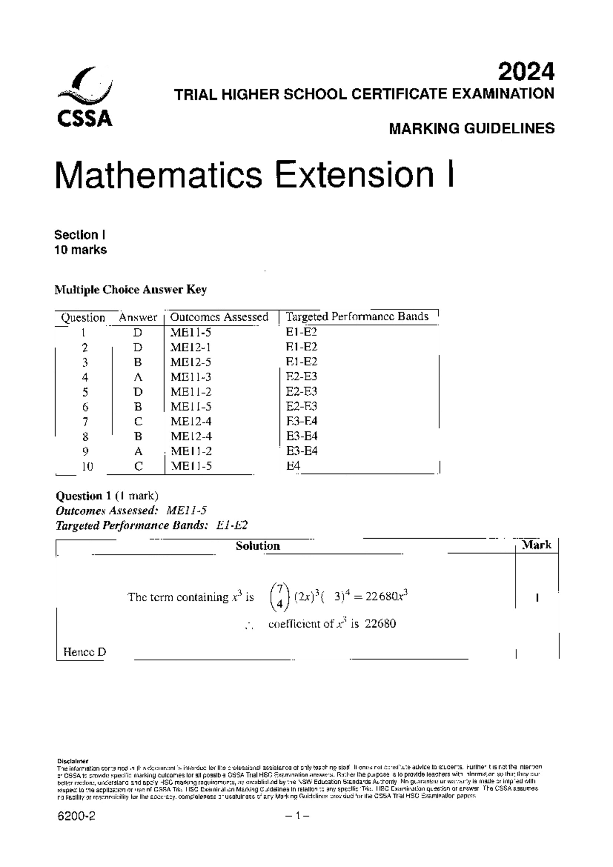 CSSA 3U 2024 Trial Exam Marking Guidelines - Math Ext I Solutions - Studocu