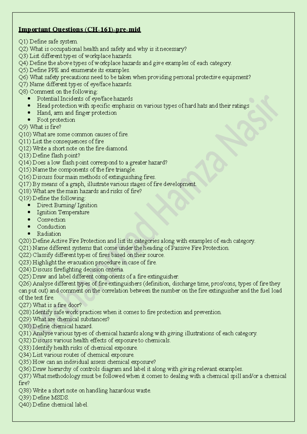Important Questions on Occupational Health, Safety & Fire Protection ...