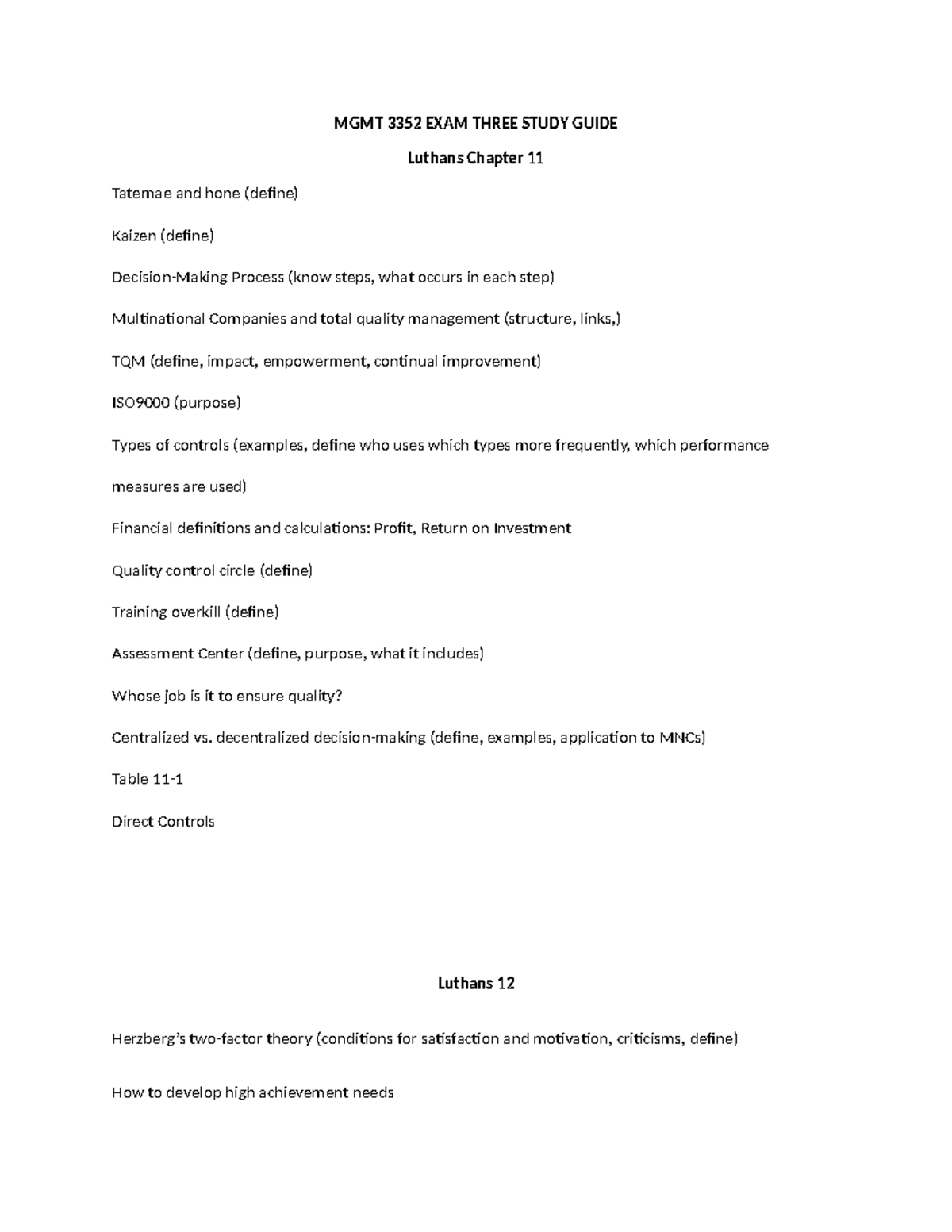 MGMT 3352 Exam 3 Study Guide: Key Concepts from Luthans Chapters 11-13 ...