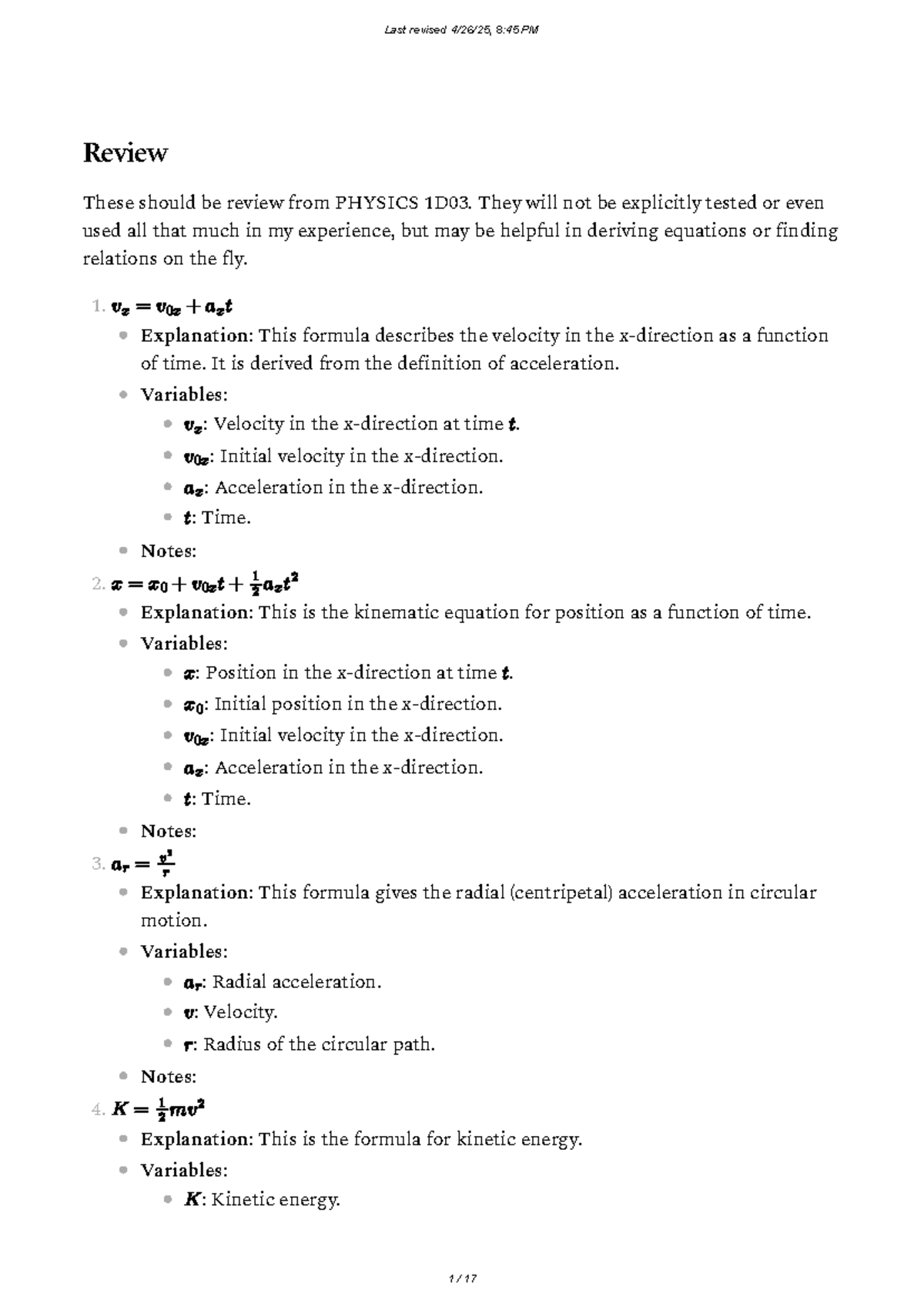 Physics 1D03: Key Equations and Concepts Review - Studocu