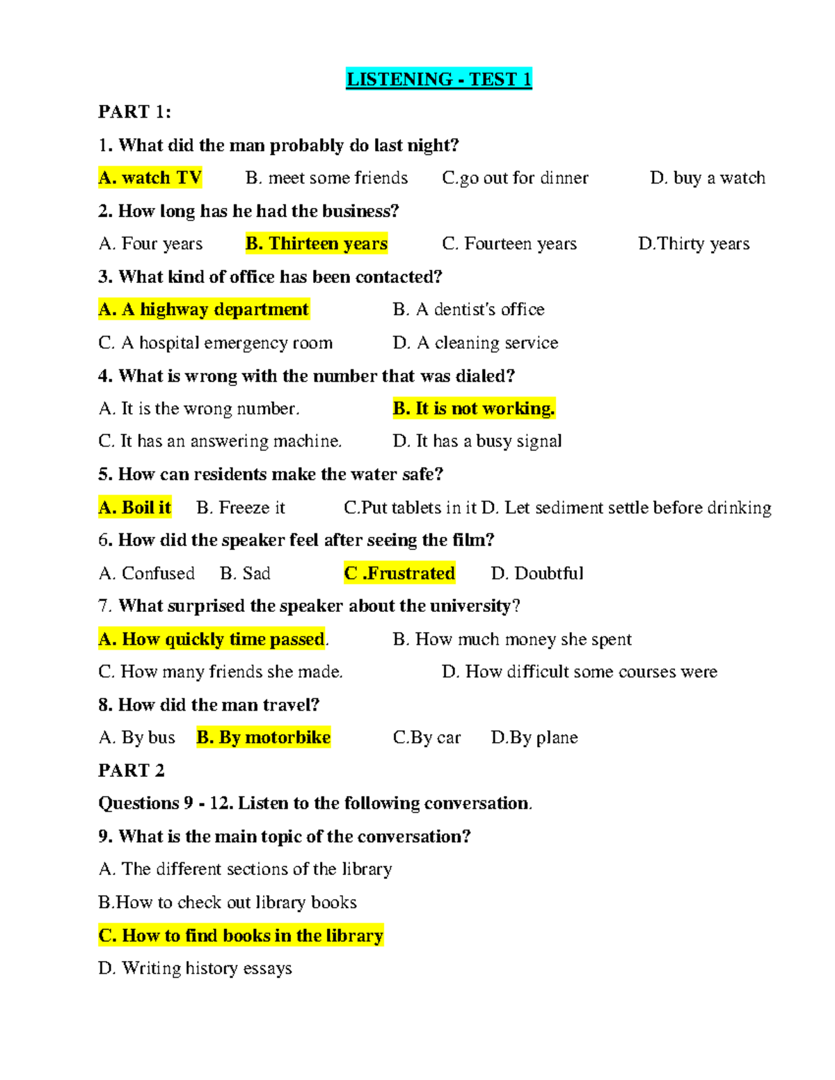 Đề Cương Listening Khóa 10 - Test 1 and Practice Questions - Studocu