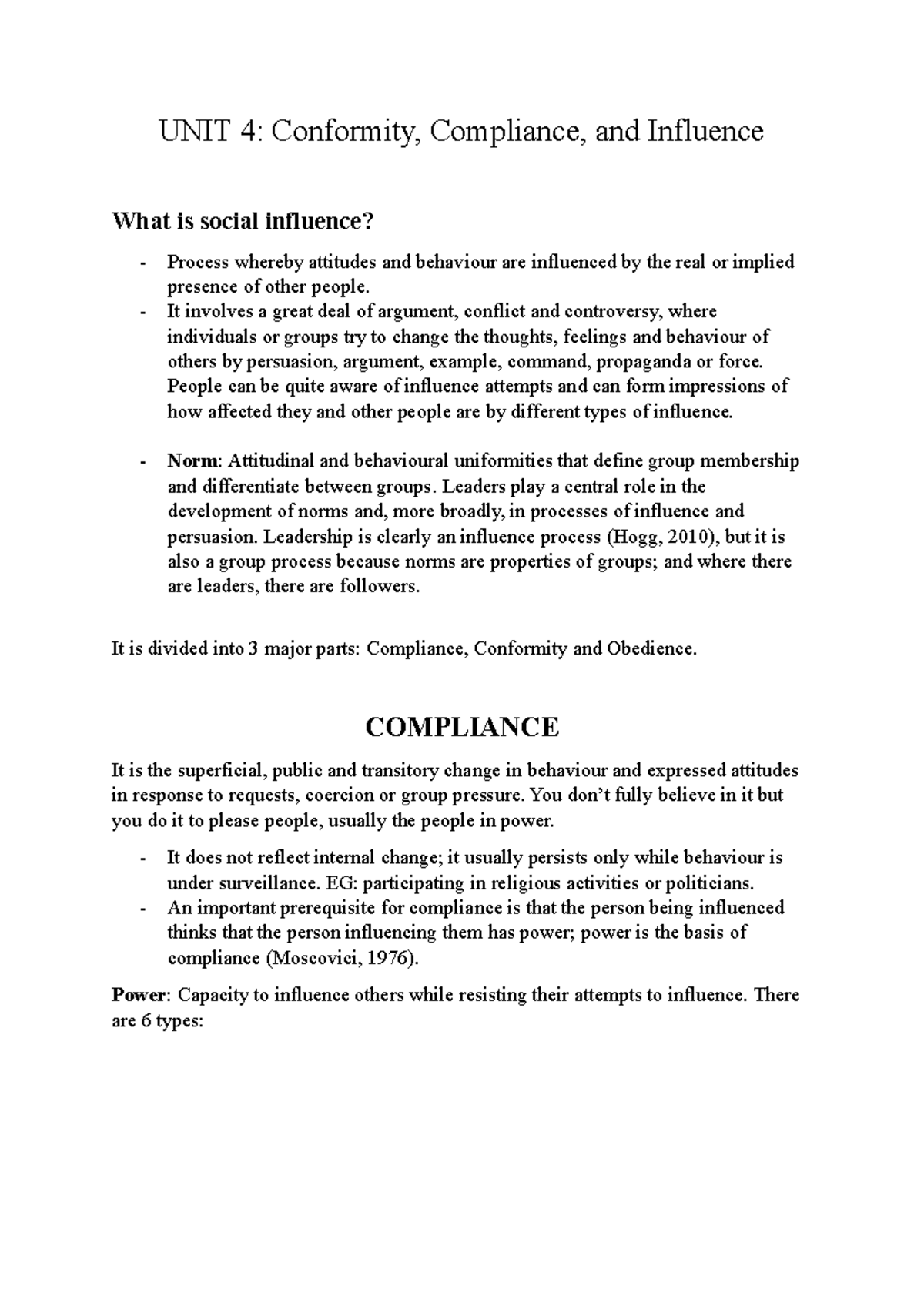 Social Psychology: Conformity, Compliance, and Influence - UNIT 4 ...