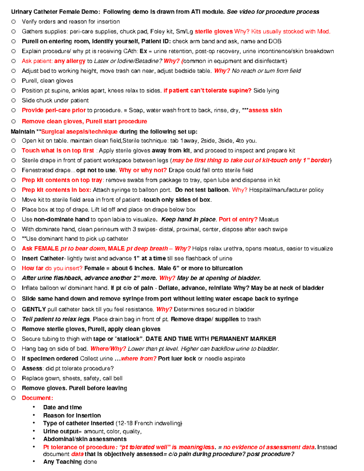 Foley Catheter Insertion Demo: ATI Module Checklist for Females - Studocu
