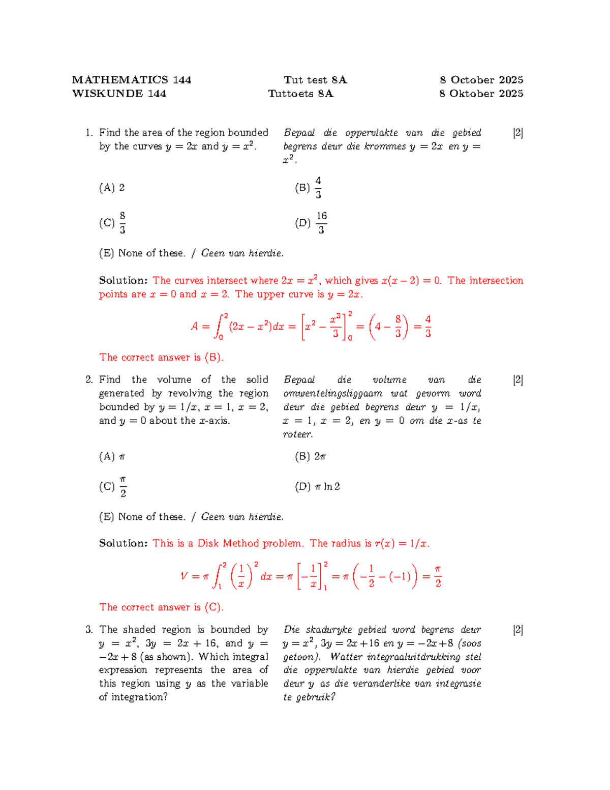 MATHEMATICS 144 WISKUNDE 144 Tut Test 8A & 8B Solutions Memo - Studocu
