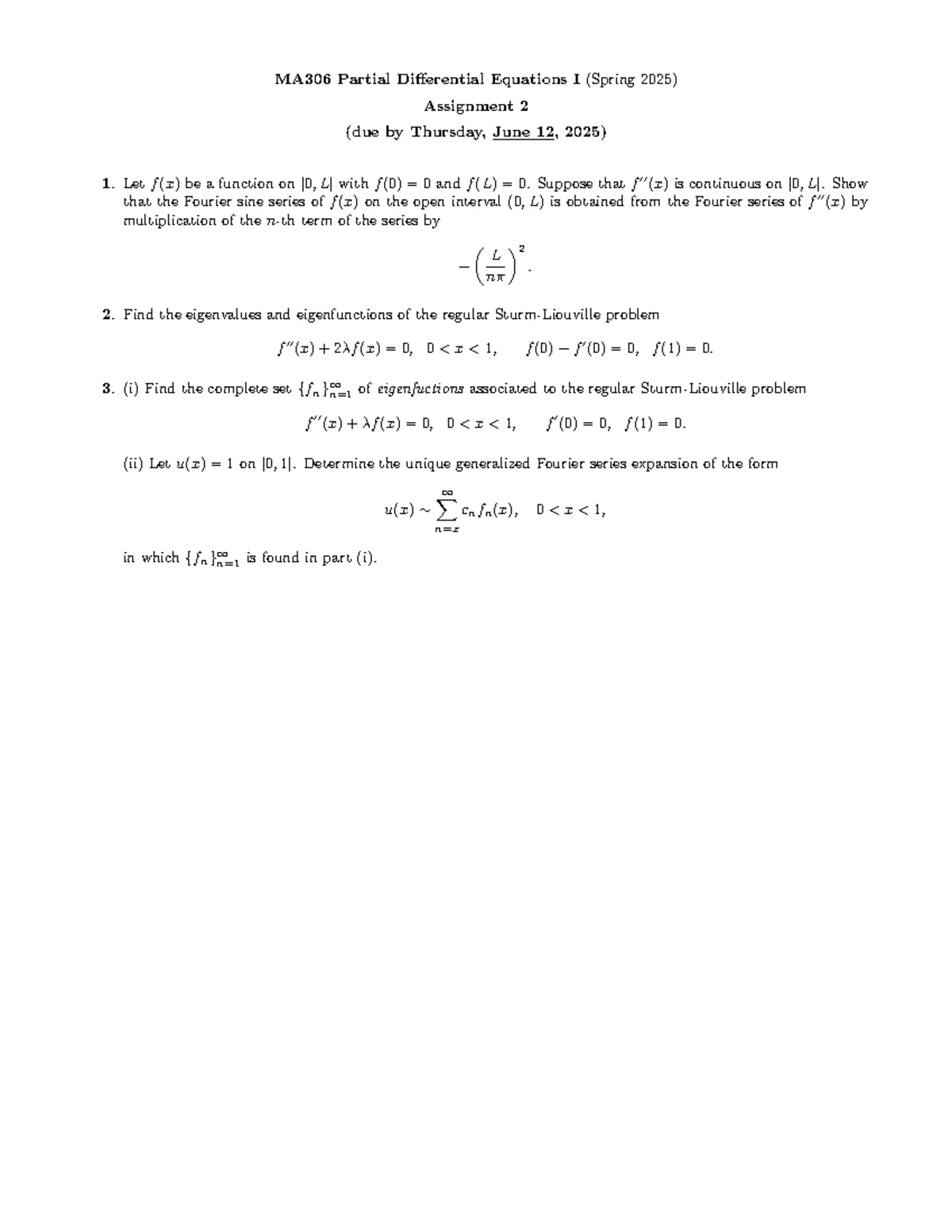 MA306 Partial Differential Equations I S25 Assignment 1 Solutions - Studocu