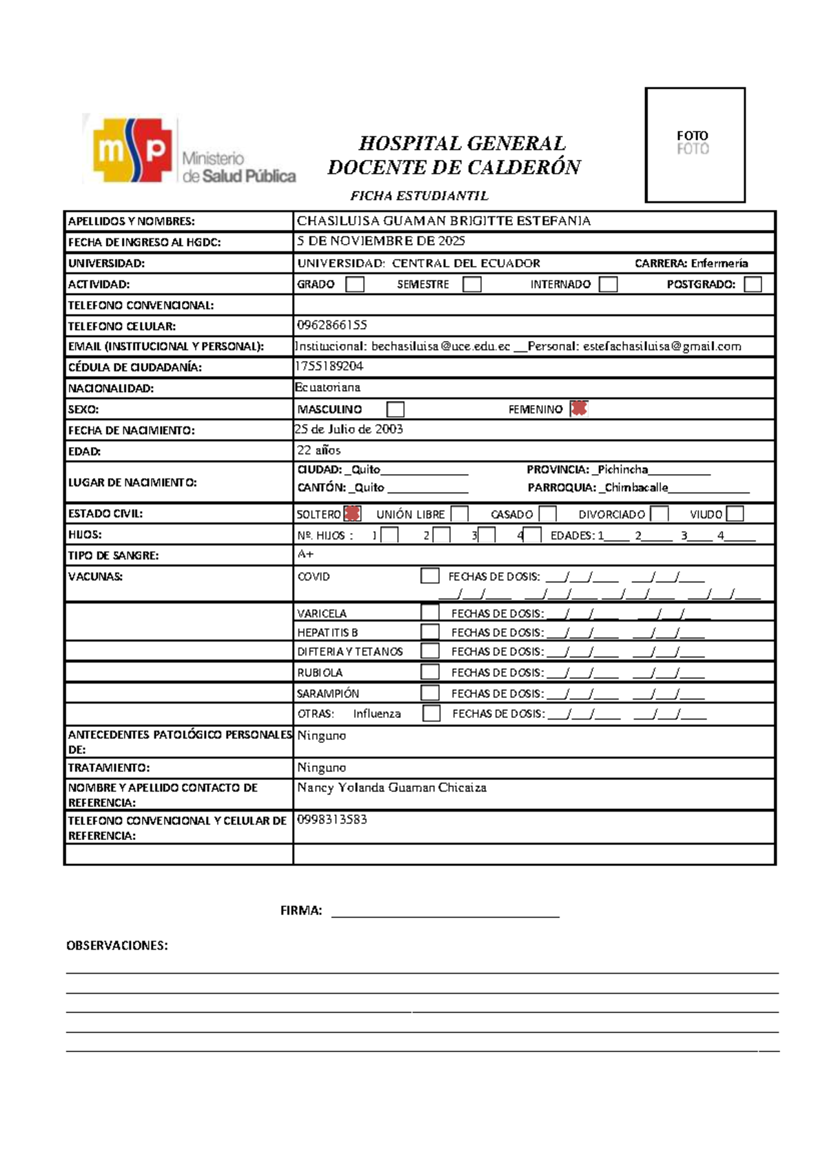 Ficha Estudiantil - Hospital General HGDC - Studocu