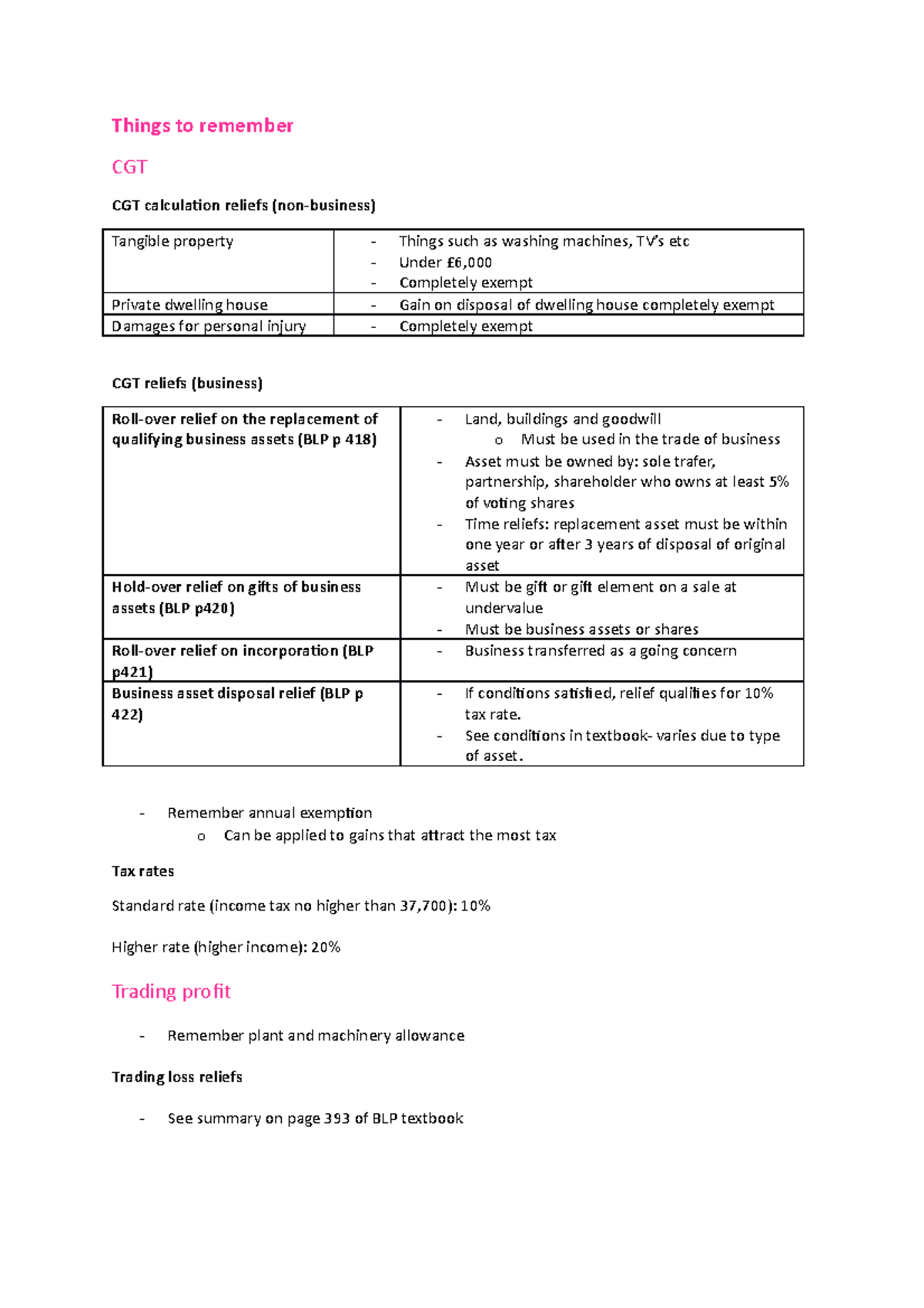 CGT Cheat Sheet - Things to remember CGT CGT calculation reliefs (non ...