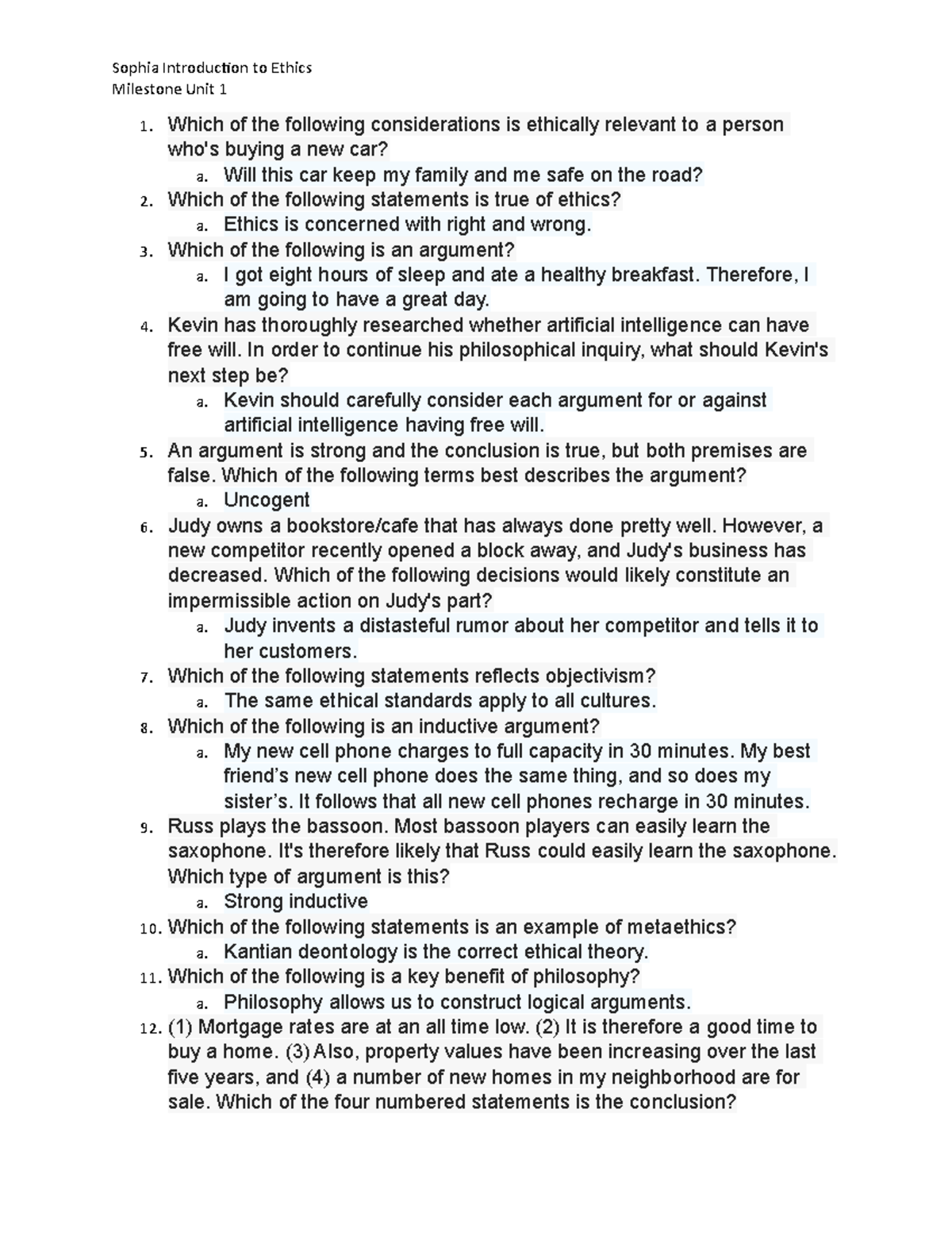 Sophia Introduction to Ethics Milestone unit 1 - Which of the following ...