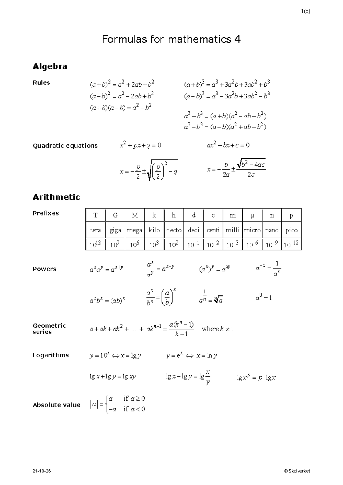 Formelblad Ma4 2021 - Matematik 4 Formelblad med formler og regler ...