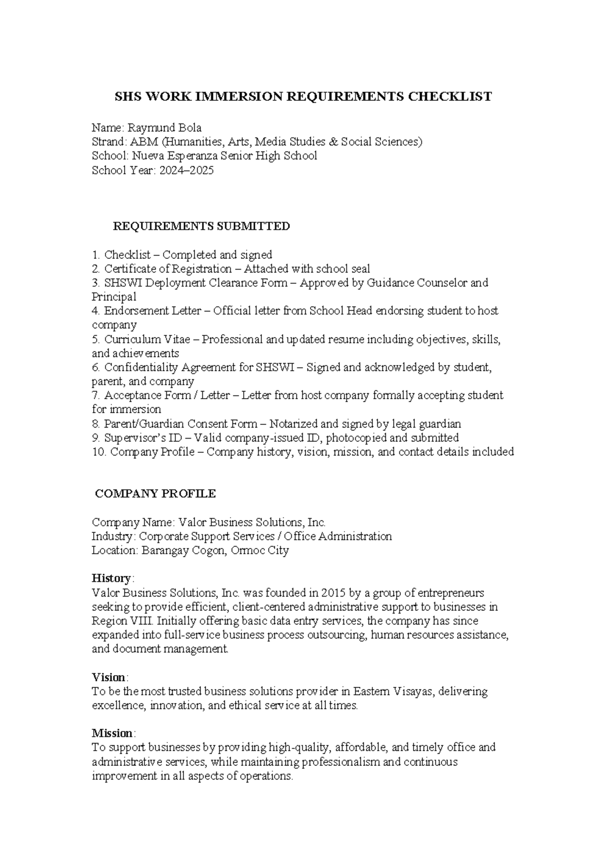 SHS WORK Immersion Requirements Checklist - SHS WORK IMMERSION ...