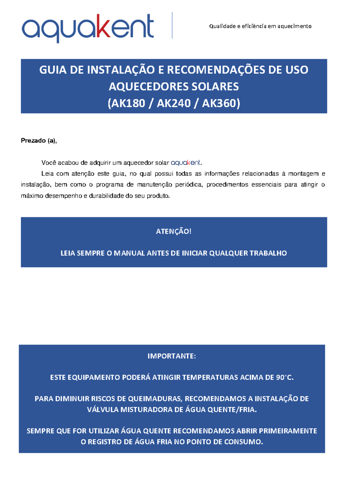 Guia de Instalação dos Aquecedores Solares AK180, AK240, AK360 - Studocu