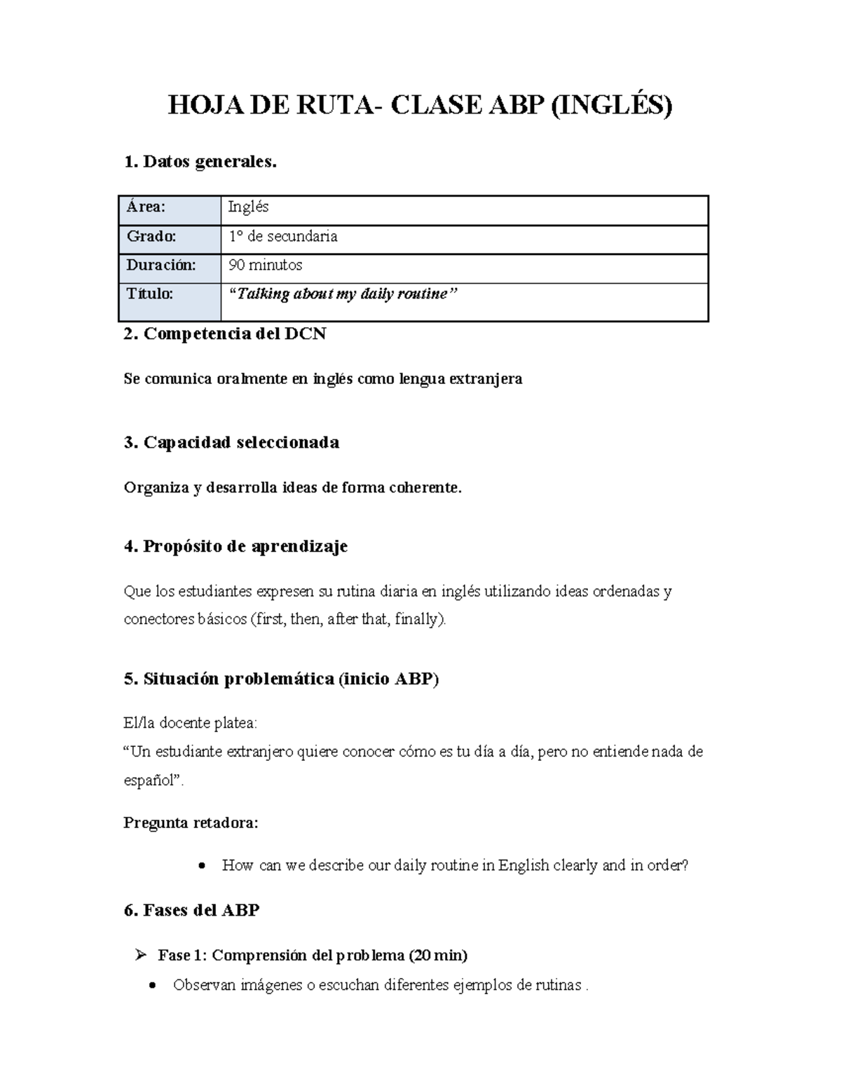 HOJA DE RUTA - CLASE ABP (INGLÉS) - Daily Routine Activities - Studocu