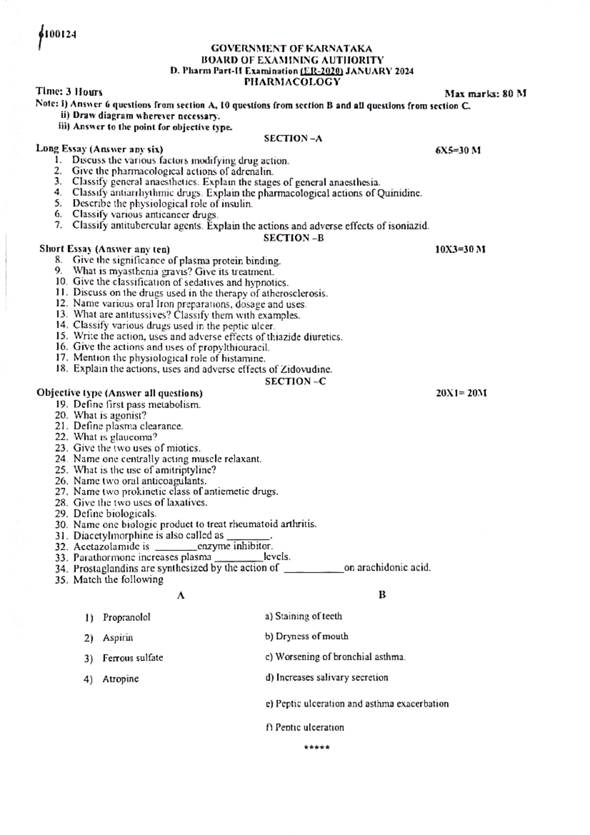 DPharma 2nd Year Exam QP - JAN 2024 - Pharmacology & Community Pharmacy ...