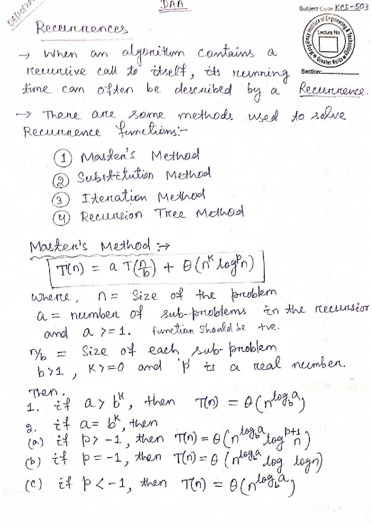 Master's Theorem: Recurrences and Solutions - Lecture Notes - Studocu