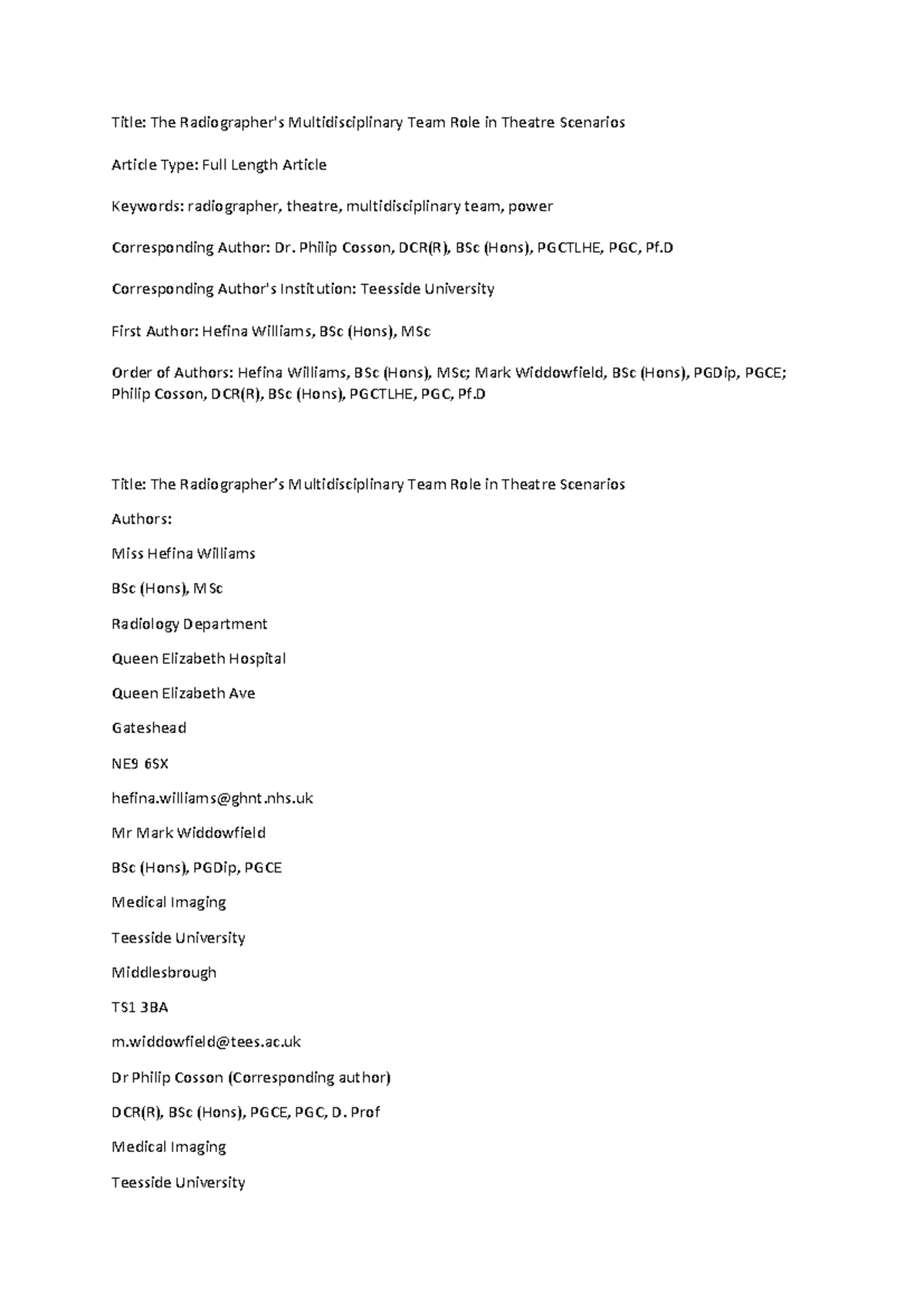 The Role of Radiographers in Theatre MDTs: Insights and Power Dynamics ...