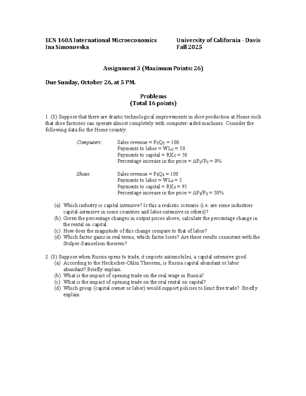 ECN 160A International Microeconomics Fall 2025 Assignment 3 Guide ...