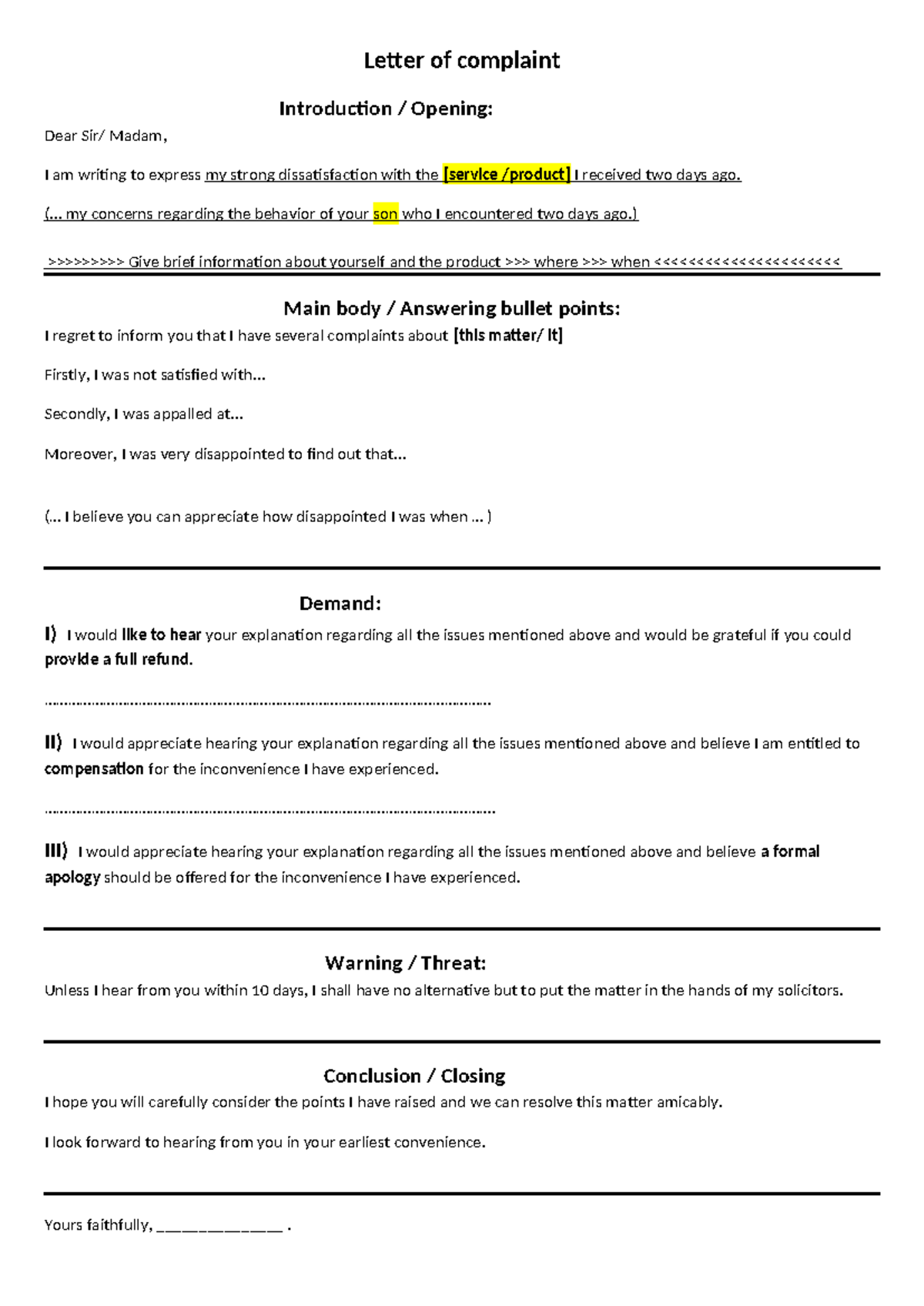 Letter of Complaint: Issues with Service and Request for Resolution ...