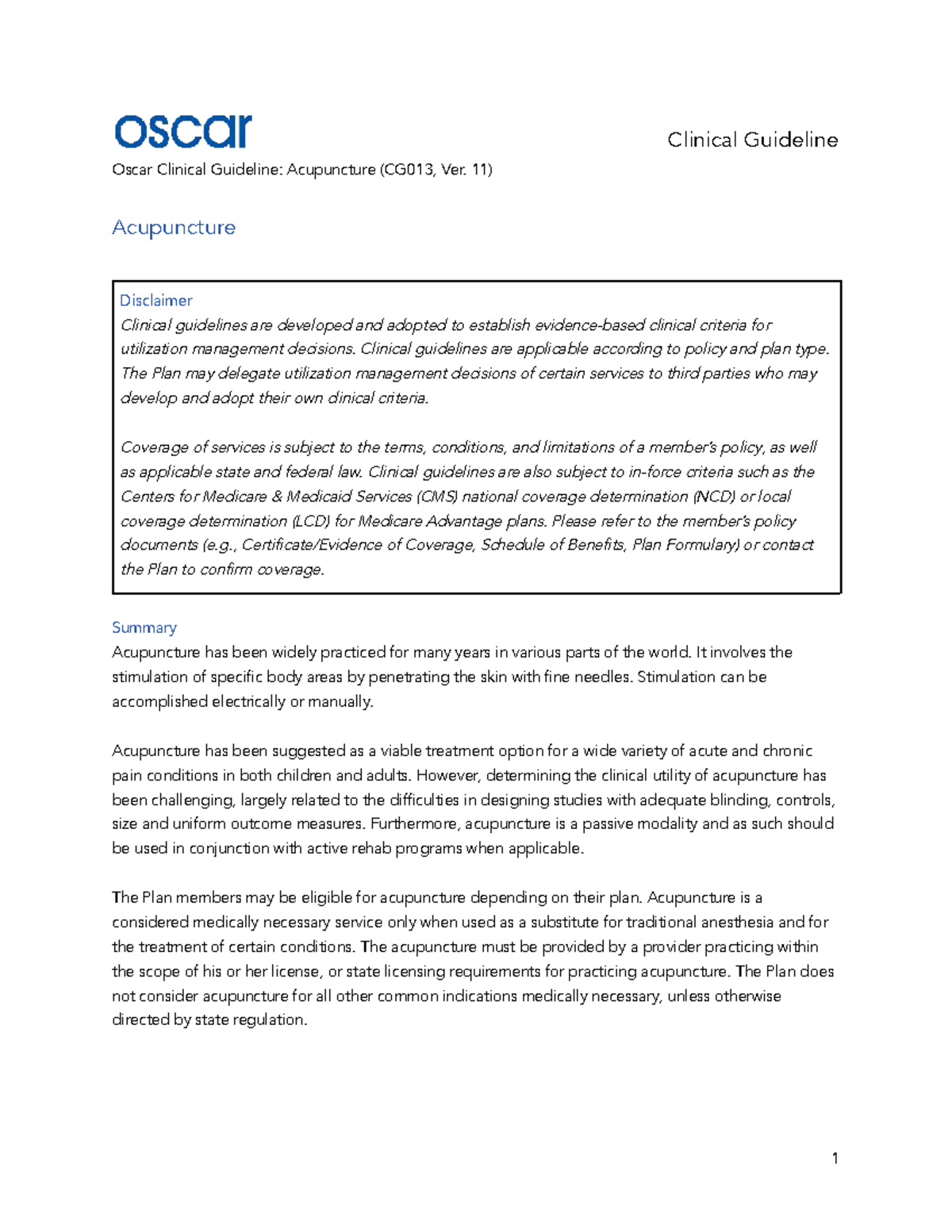 Clinical Guideline CG013: Acupuncture Overview and Medical Necessity ...