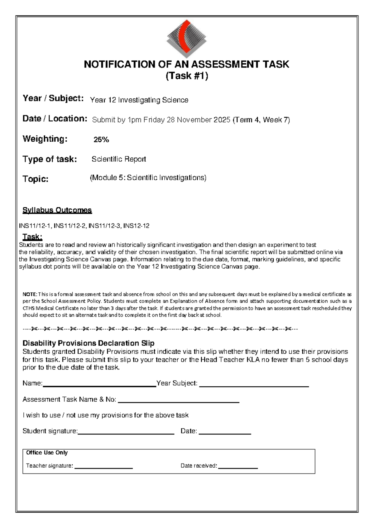 Year 12 Investigating Science: Notification of Assessment Task - Studocu