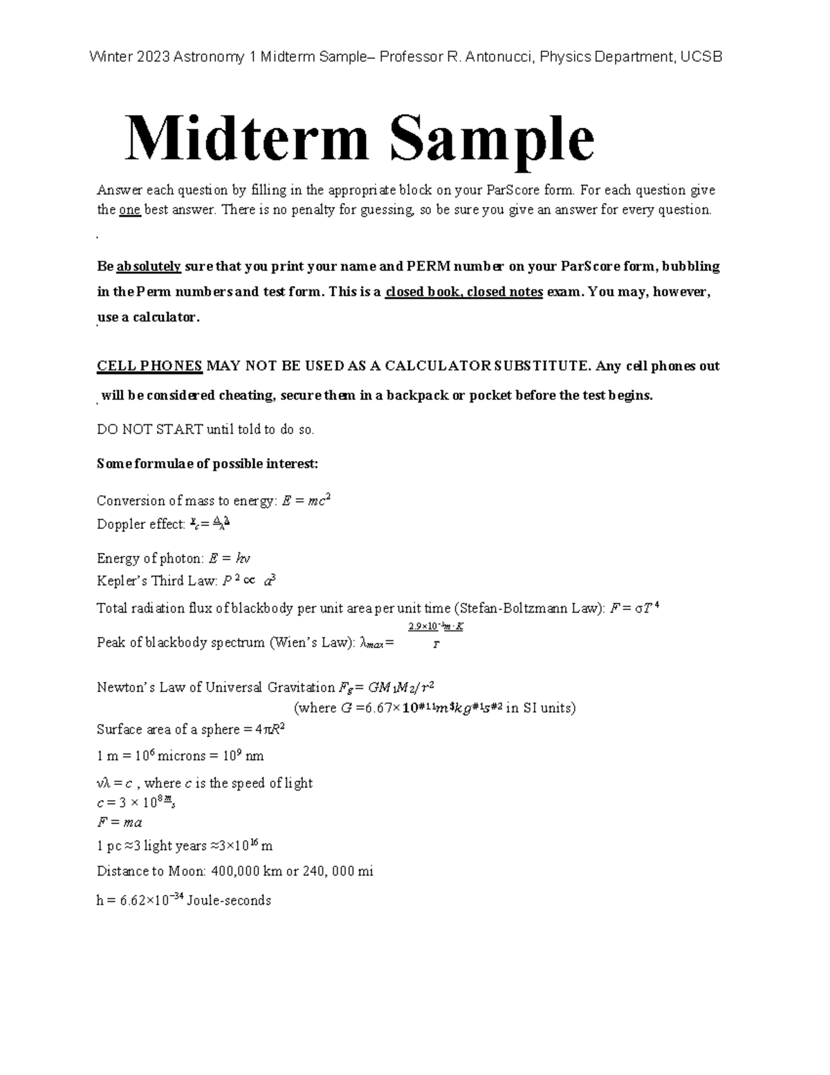 Astronomy 1 Midterm Sample - Winter 2023 Exam Prep Guide - Studocu