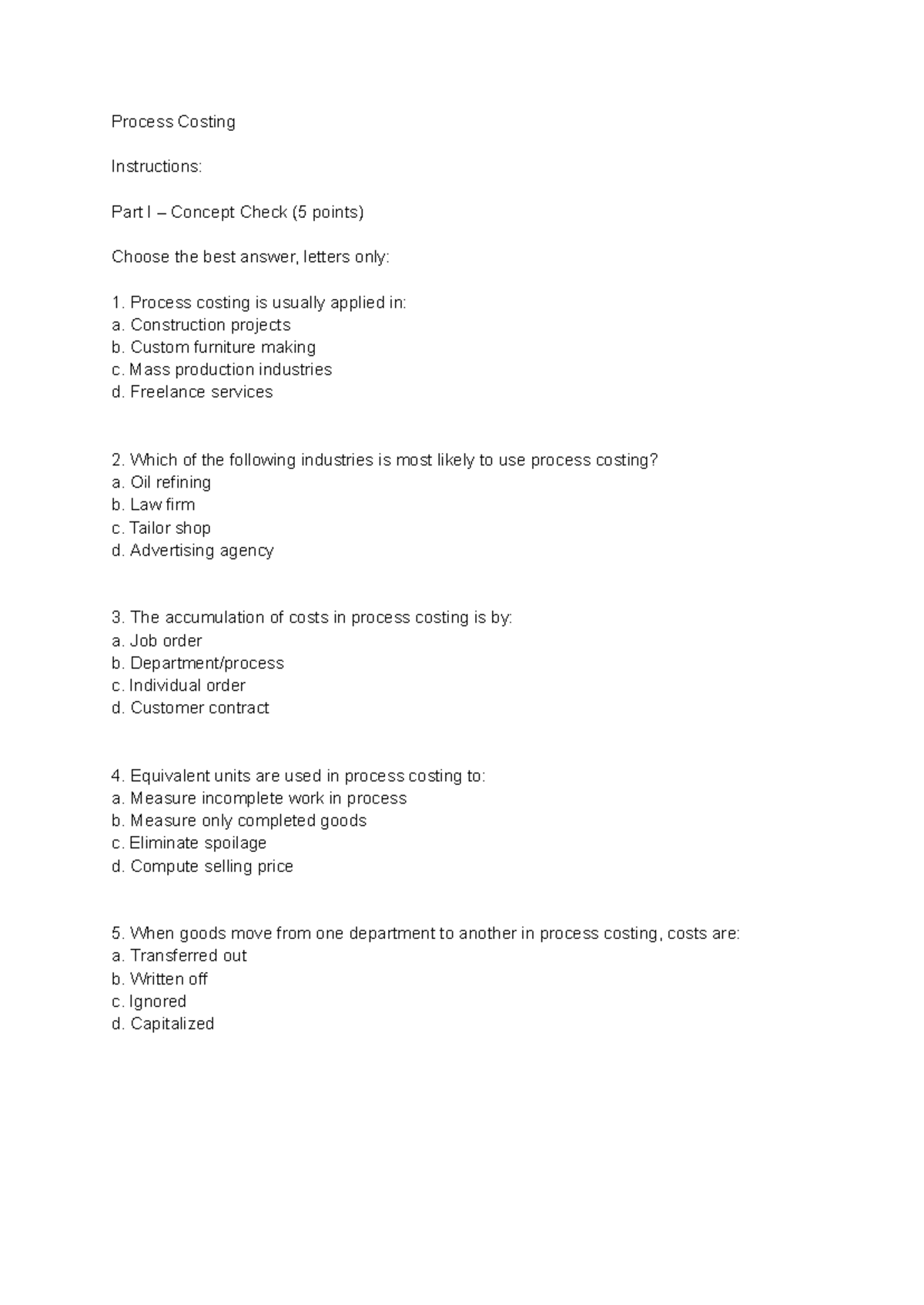 Process Costing - Practice Questions and Concept Check - Studocu