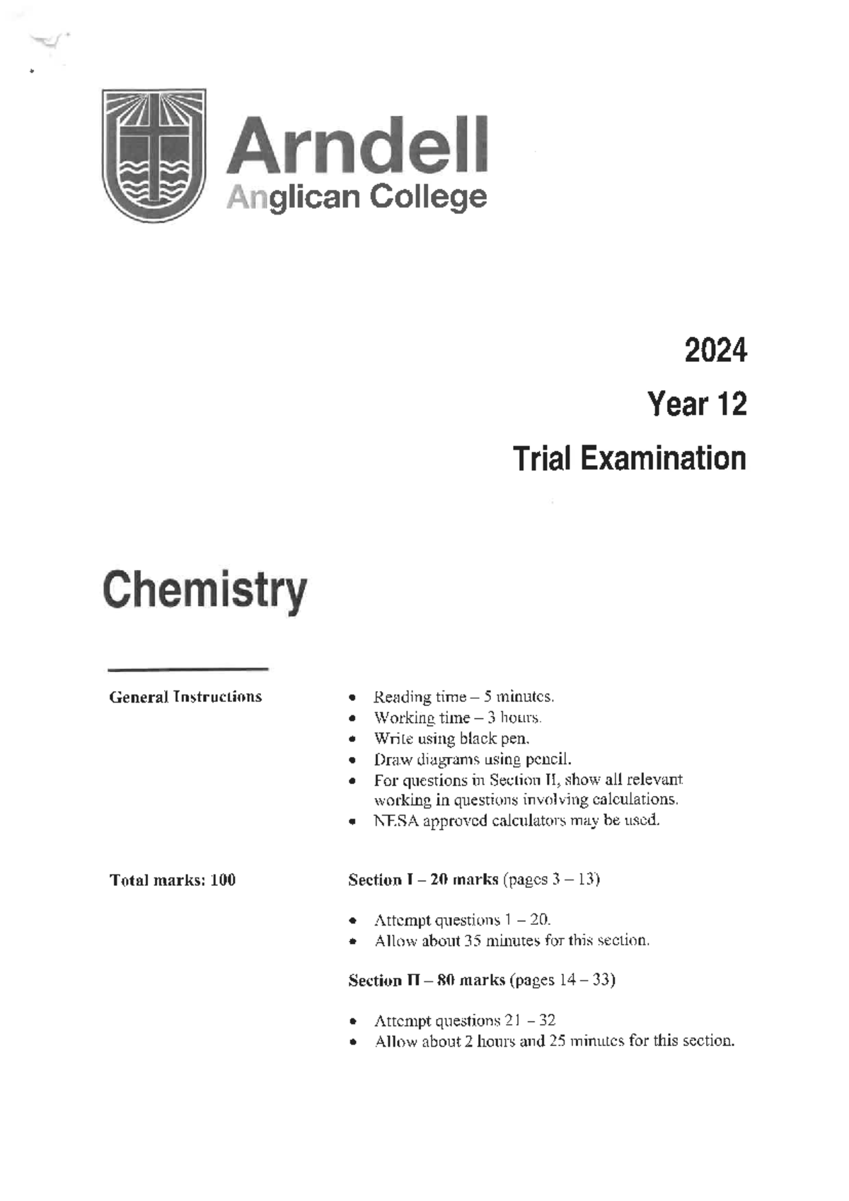 HSC Chemistry 2024 Year 12 Trial Exam General Instructions and ...