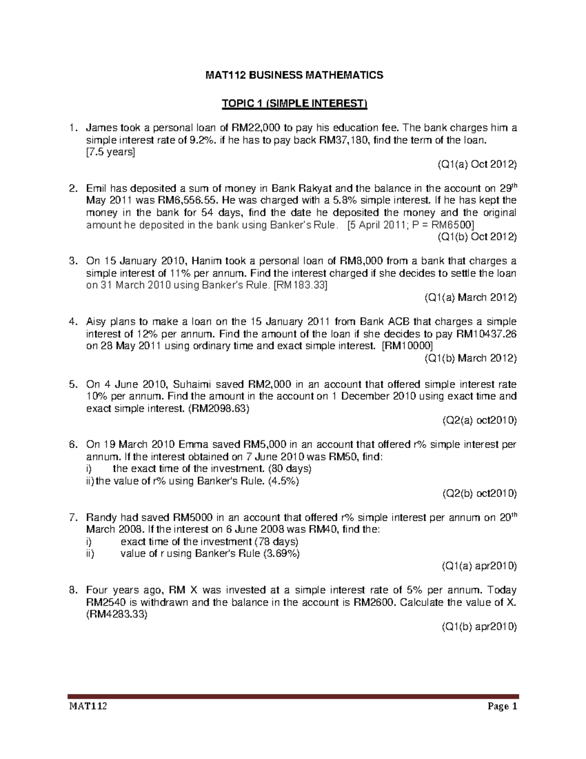 Extra Exercises for MAT112: Simple Interest (Chapter 1) - Studocu