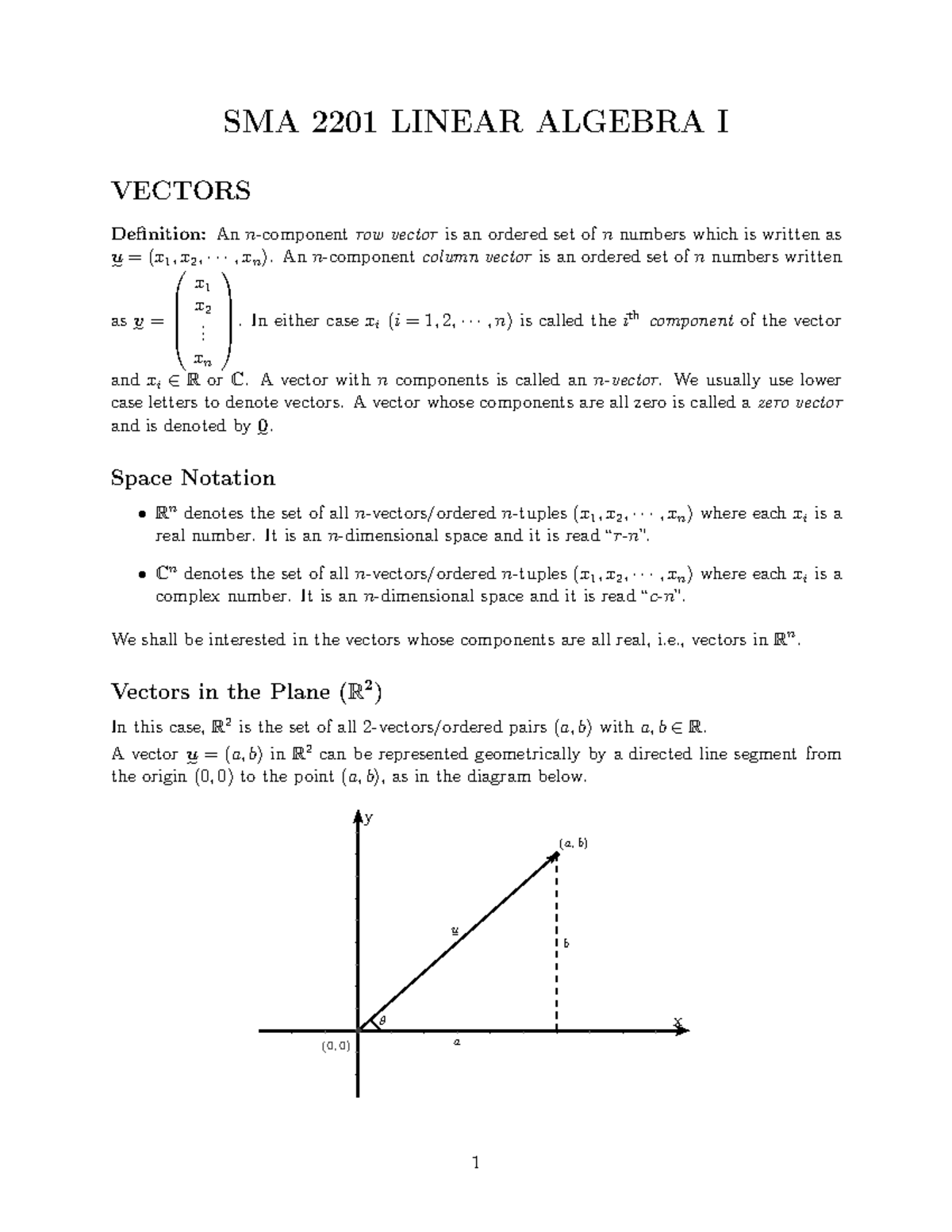 SMA 2201 Linear Algebra I: Detailed Notes on Vectors and Operations ...