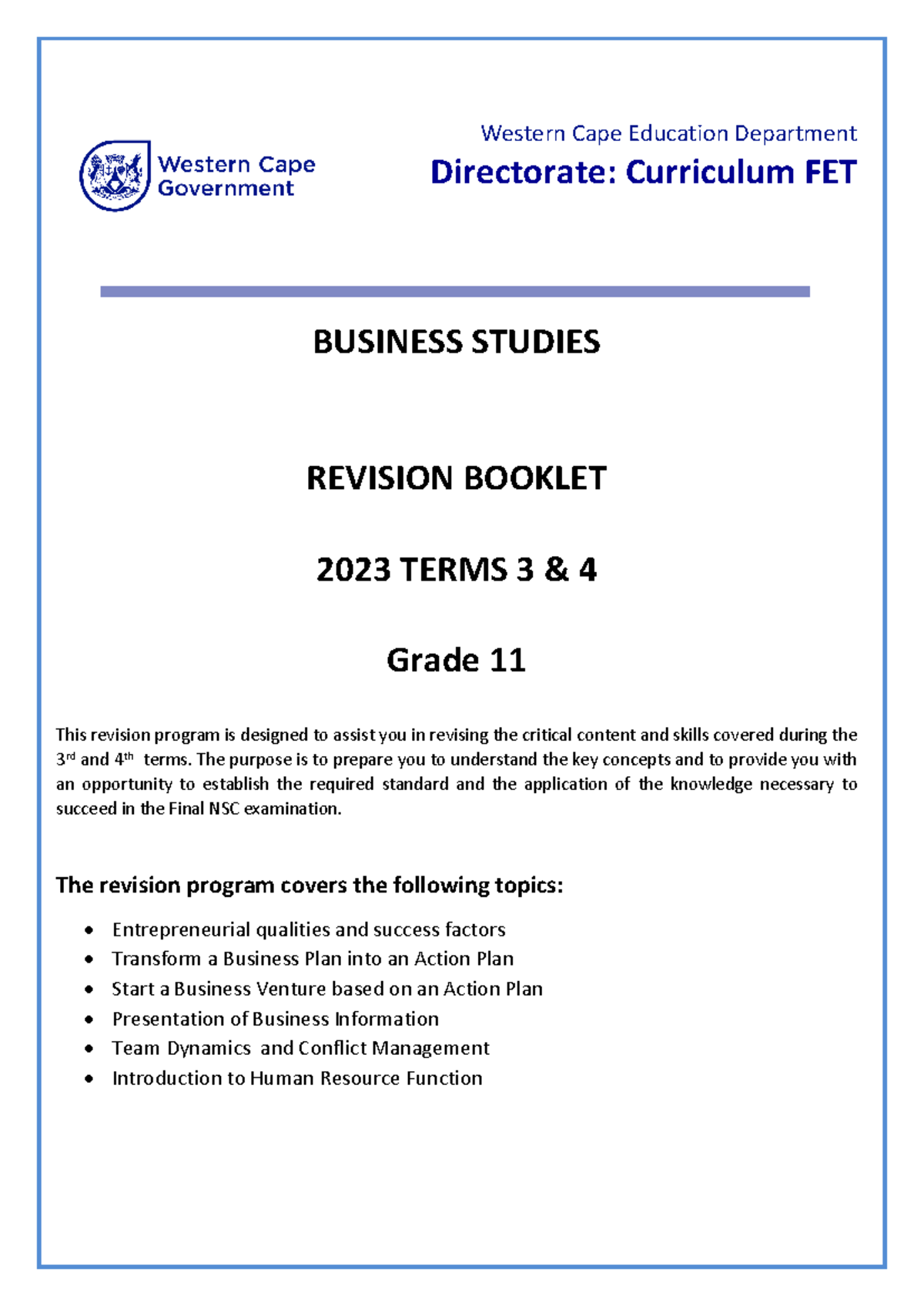Grade 11 Business Studies Revision Guide for NSC Exam 2023 - Studocu