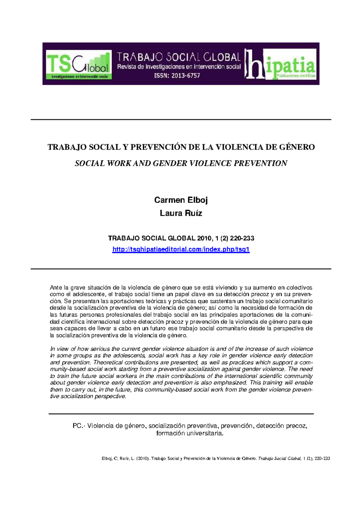 Trabajo Social Global: Prevención de la Violencia de Género - Studocu