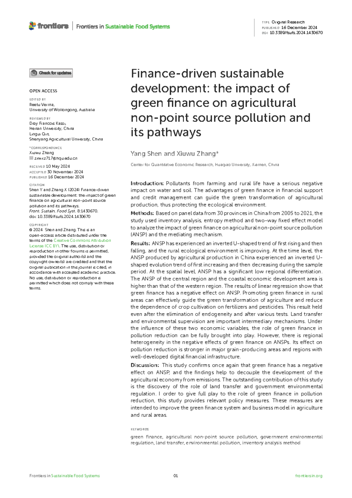 Impact of Green Finance on Agricultural Source Pollution: A Study (2024 ...