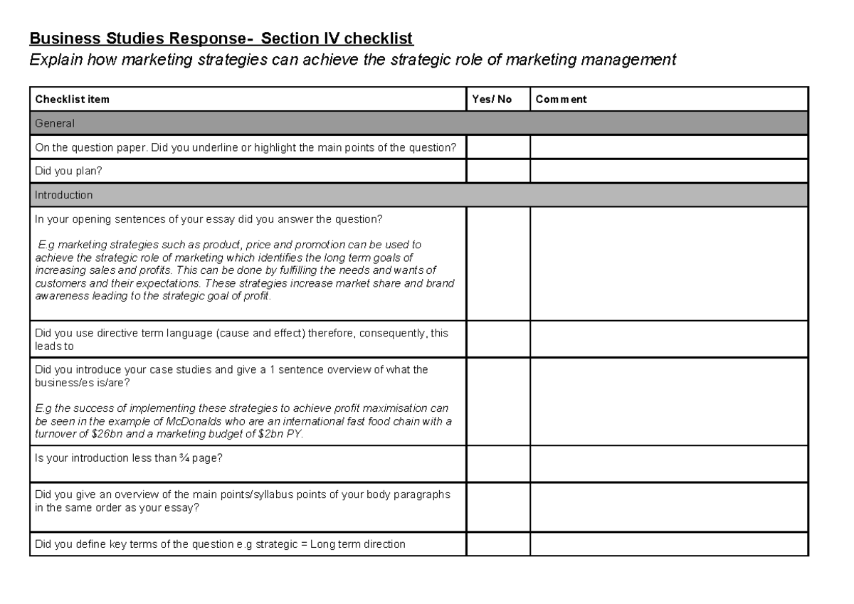 Business Studies Essay Checklist T2 2026: Marketing Strategies ...