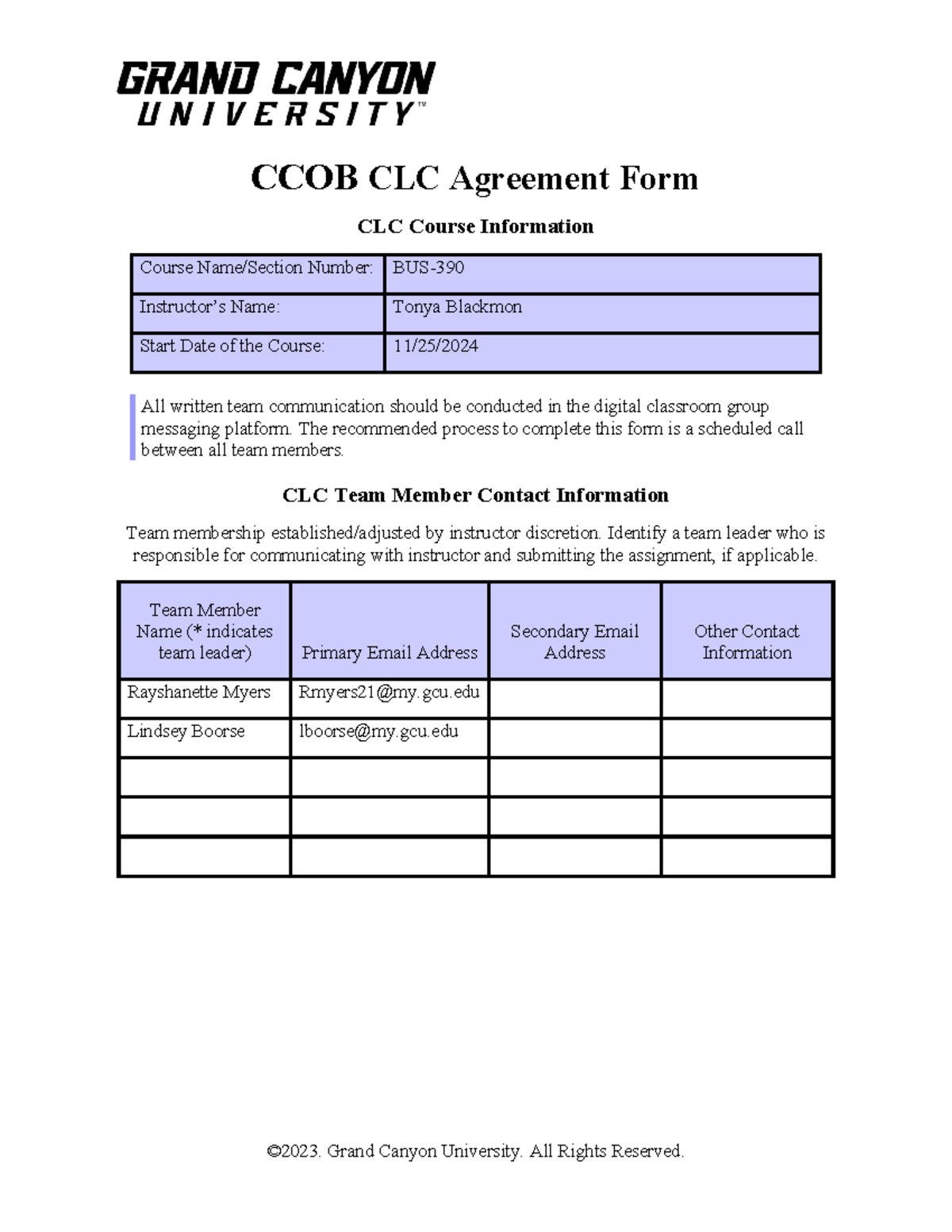 CCOB CLC Agreement Form: Team Communication & Assignment Guidelines ...