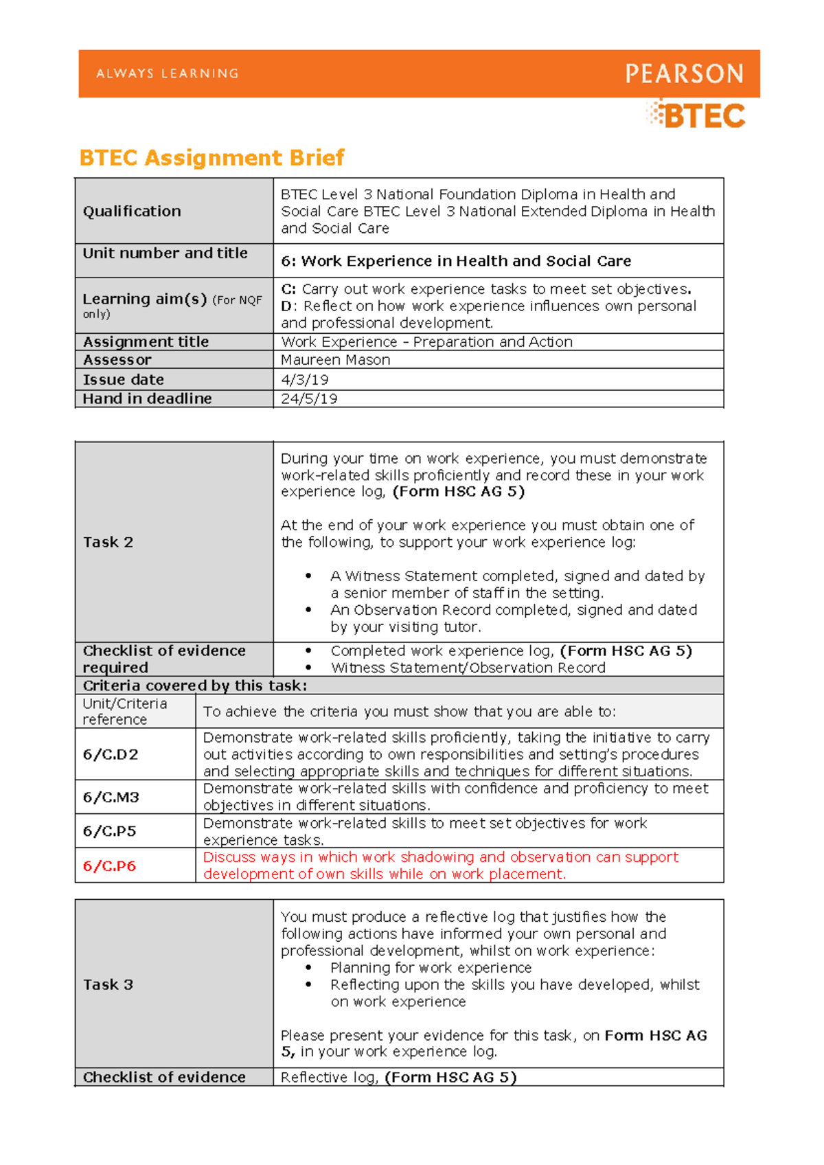 BTEC L3 Health & Social Care: Unit 6 Work Experience Assignment 2 - Studocu