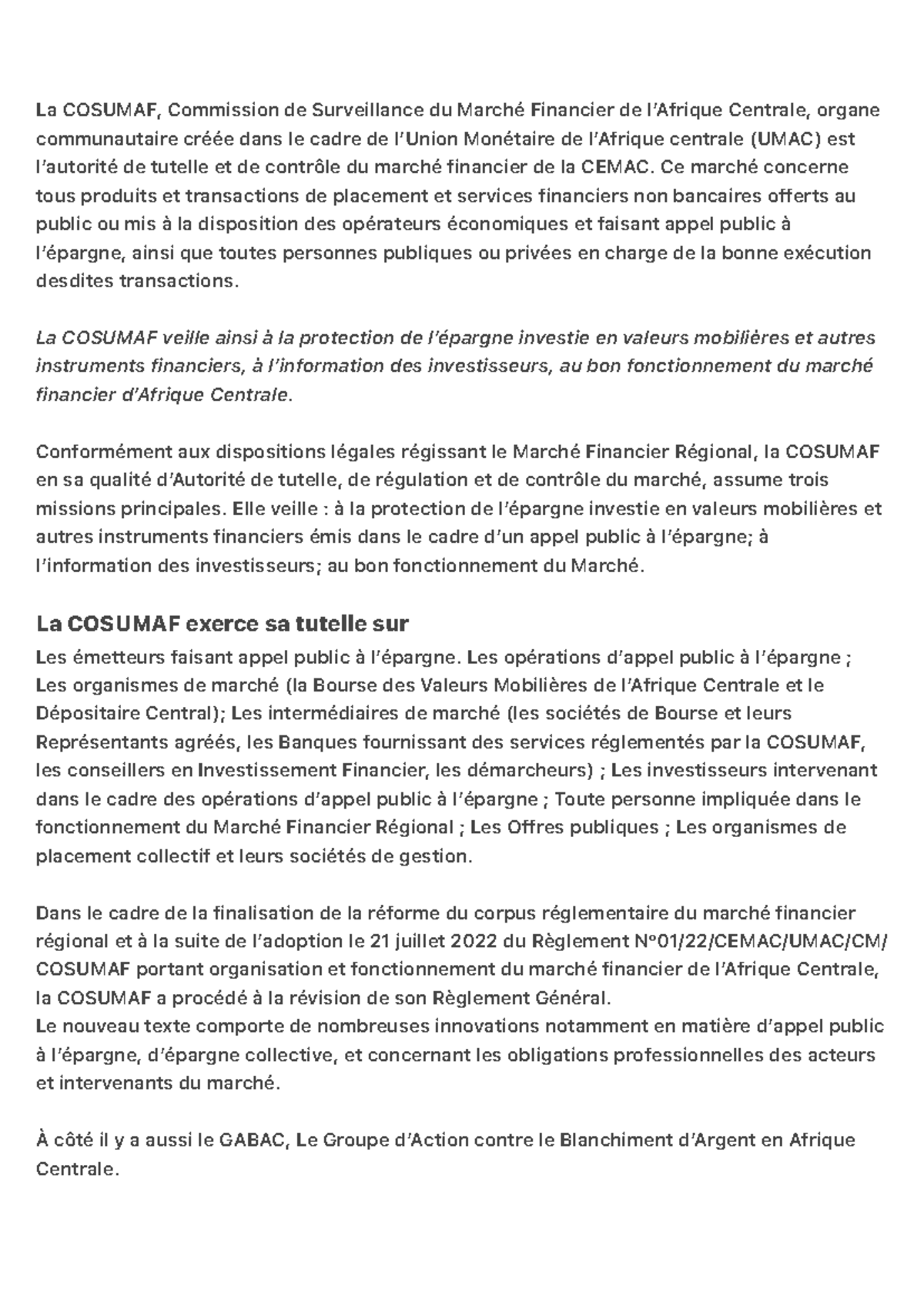 La COSUMAF et le Marché Financier de l'Afrique Centrale: Règlement N°01 ...