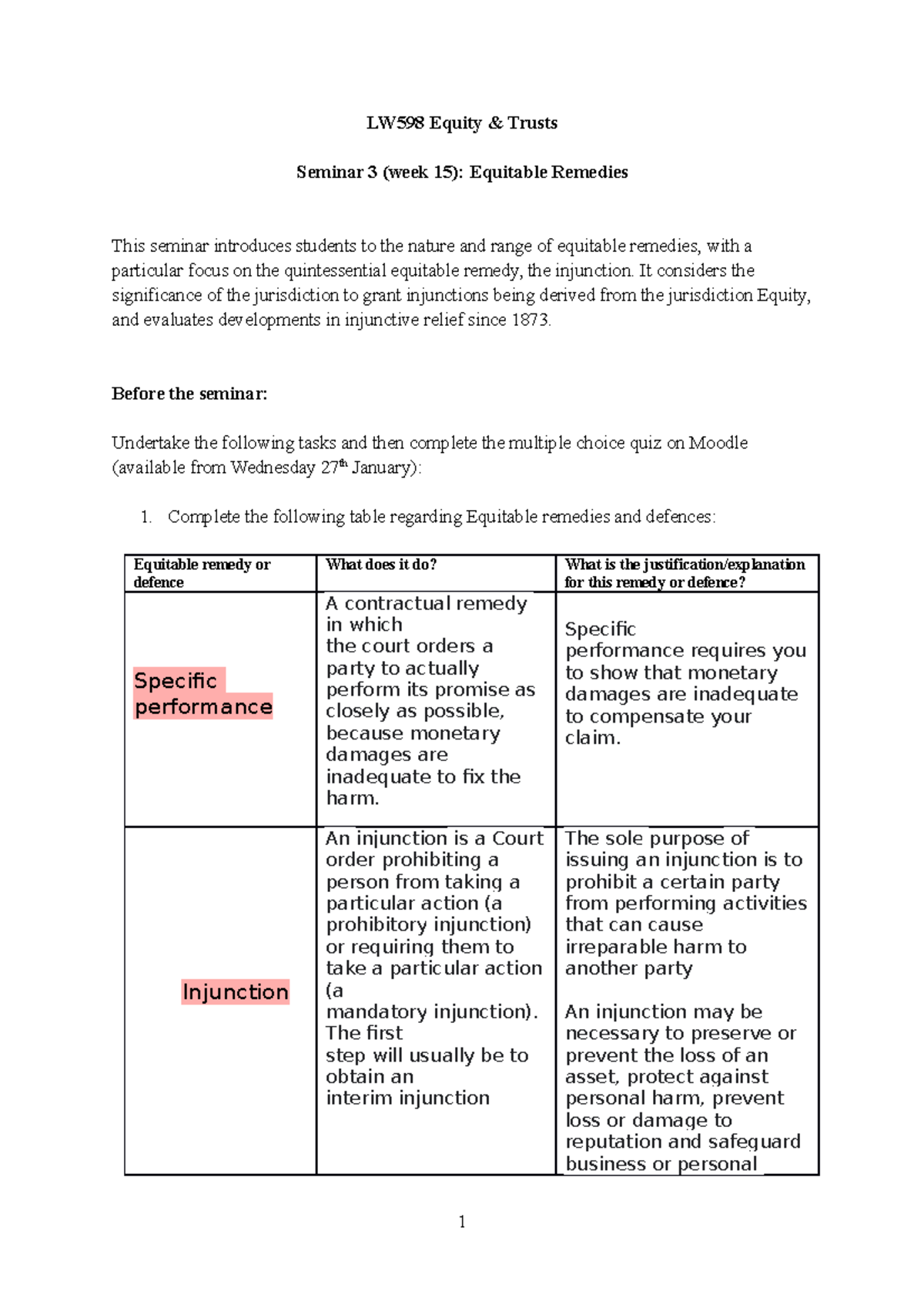 LW598 Seminar 3 Week 15: Exploring Equitable Remedies & Injunctions ...