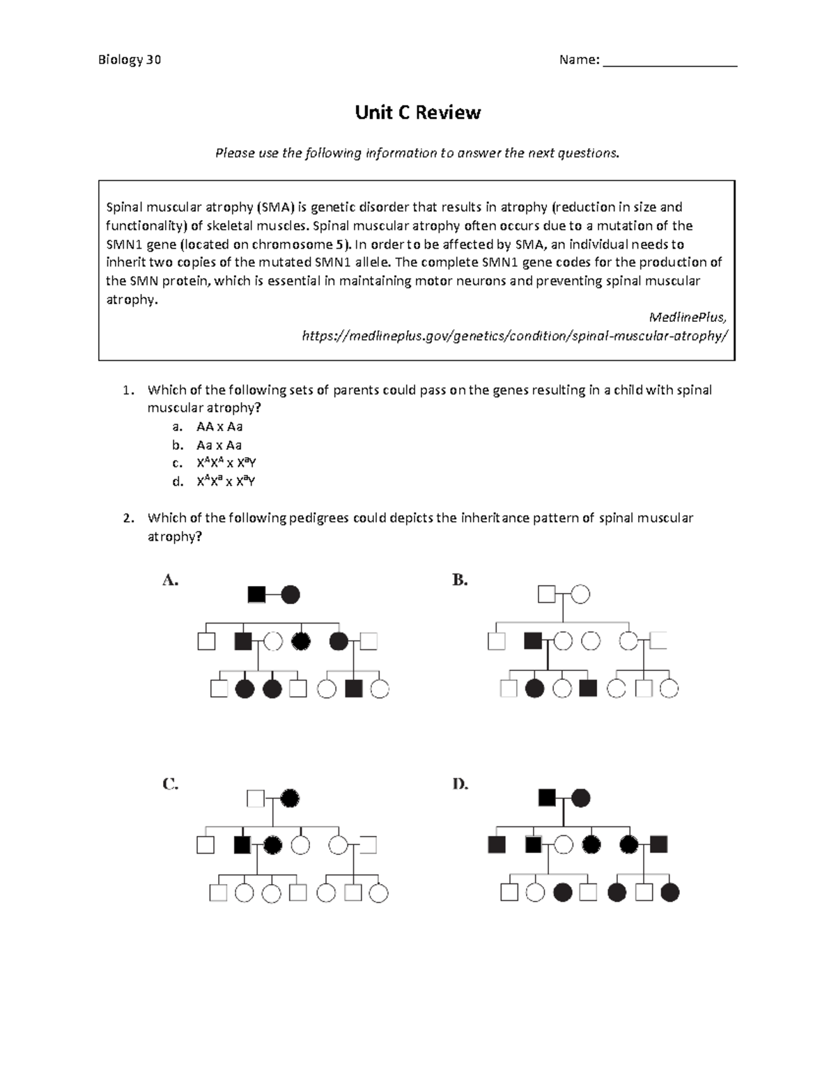 Biology 30 Unit C Review: Spinal Muscular Atrophy Genetics - Studocu