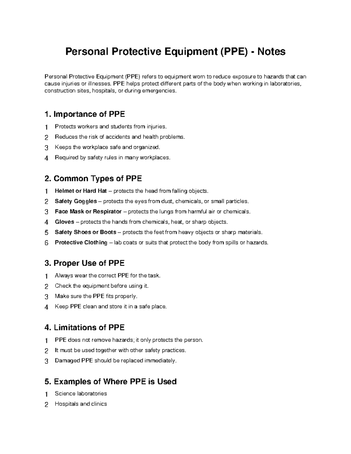 PPE Notes: Importance, Types, Use, and Limitations - Studocu