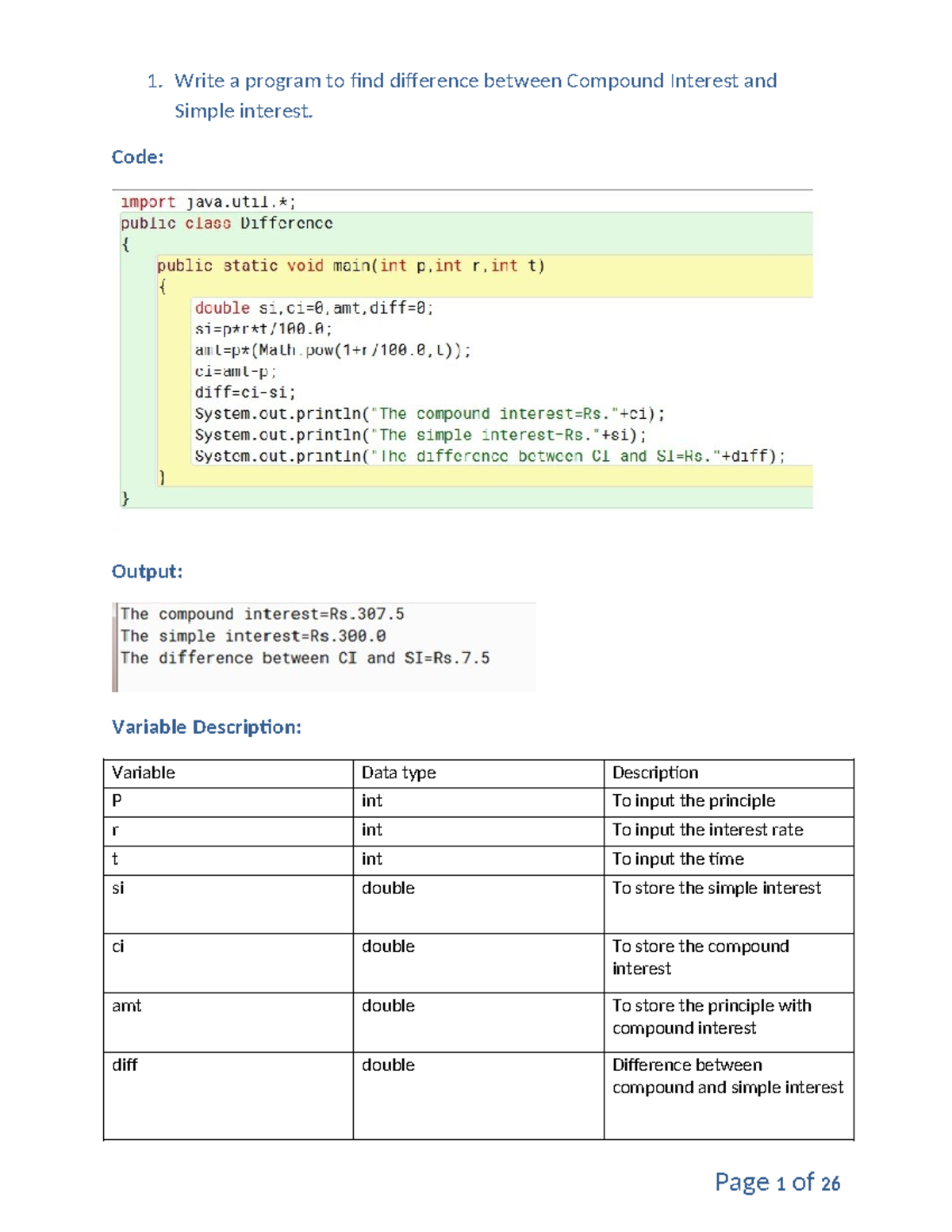 BlueJ 10 programs - 1. Write a program to find difference between ...