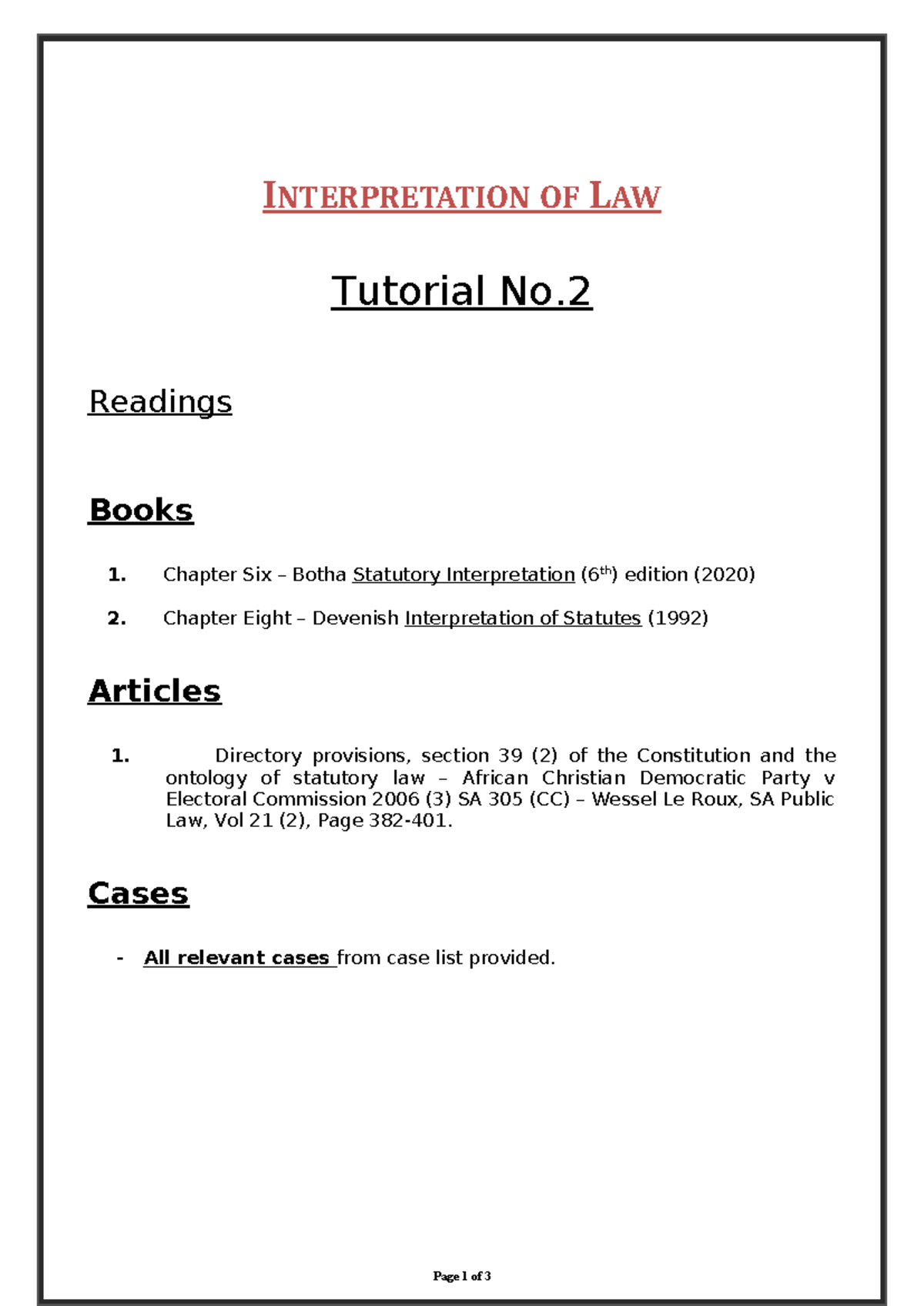 INTERPRETATION OF LAW TUT 2: Statutory & Case Analysis for Exams - Studocu