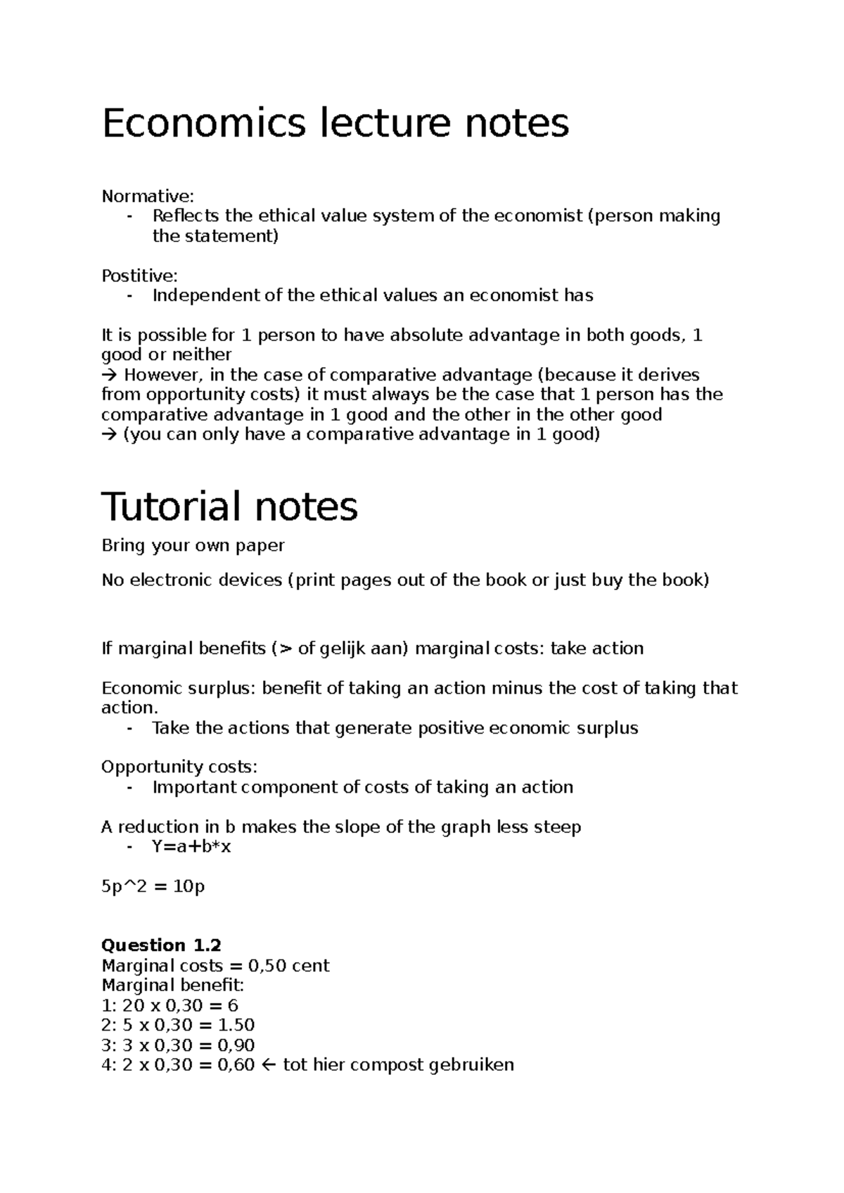 Economics Lecture & Tutorial Notes (ECO101) - Key Concepts & Exercises ...