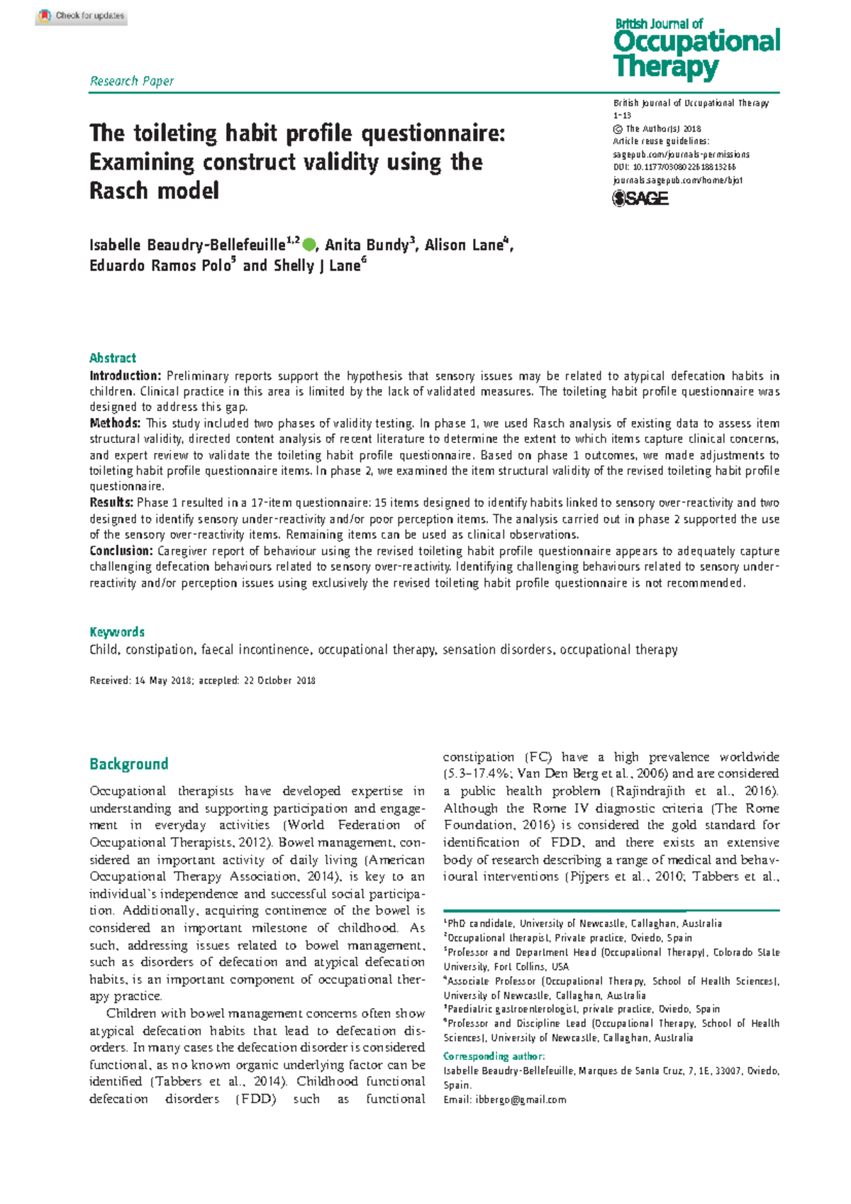 Rasch Analysis of the Revised Toileting Habit Profile Questionnaire ...